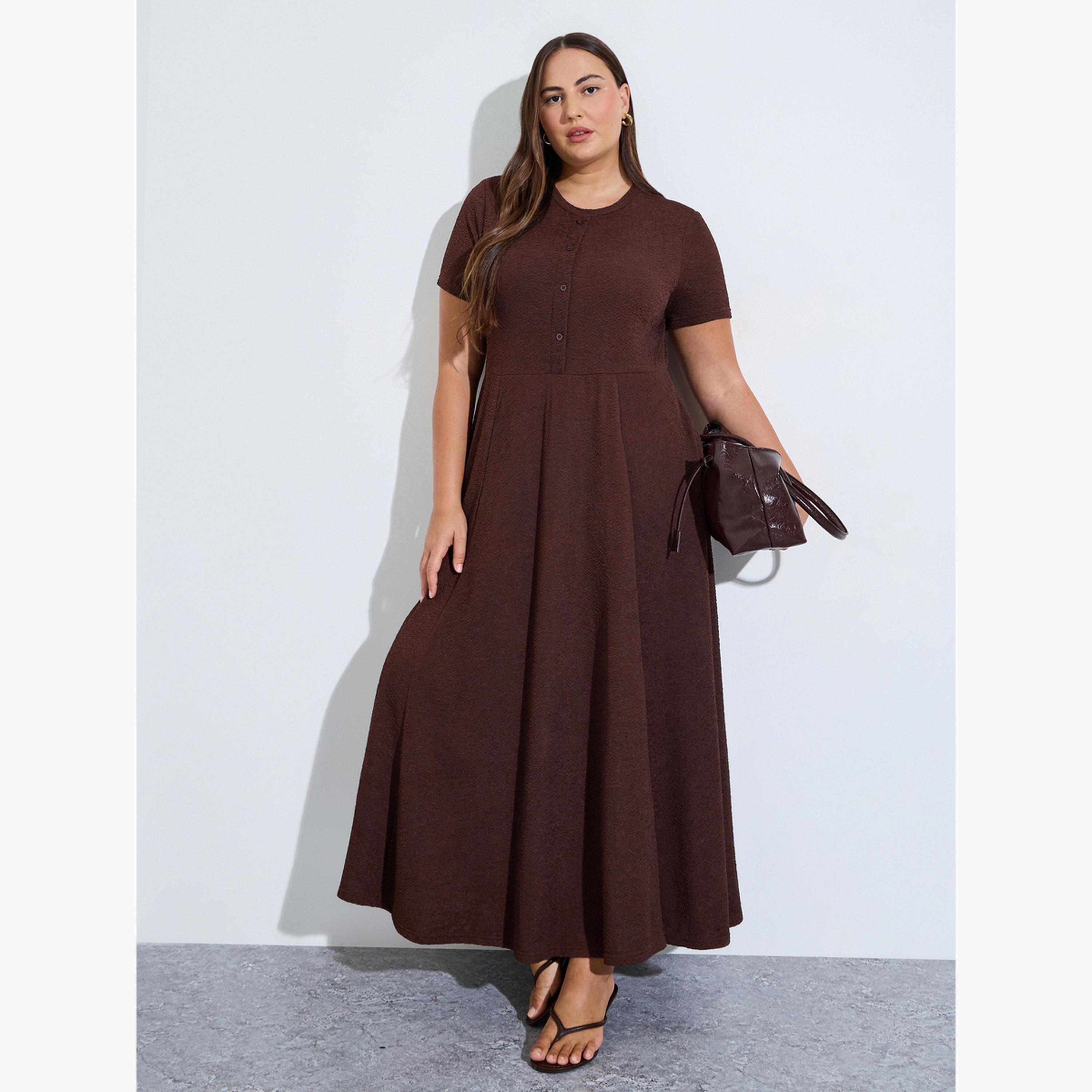 Styli Plus Size Brown Textured A-Line Maxi Dress-women-clothing-dresses-image-3