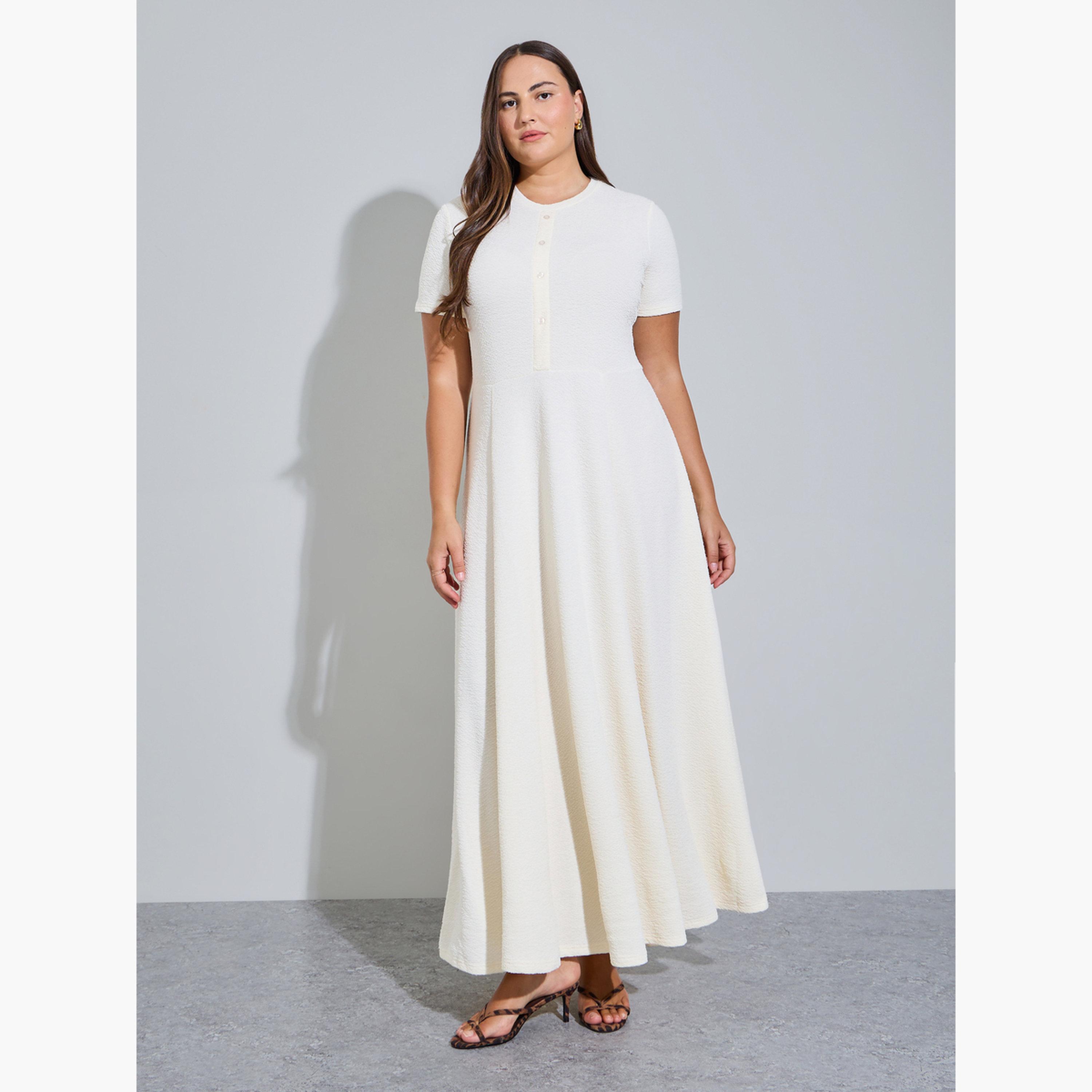 Styli Plus Size Cream Textured A-Line Maxi Dress-women-clothing-dresses-image-1