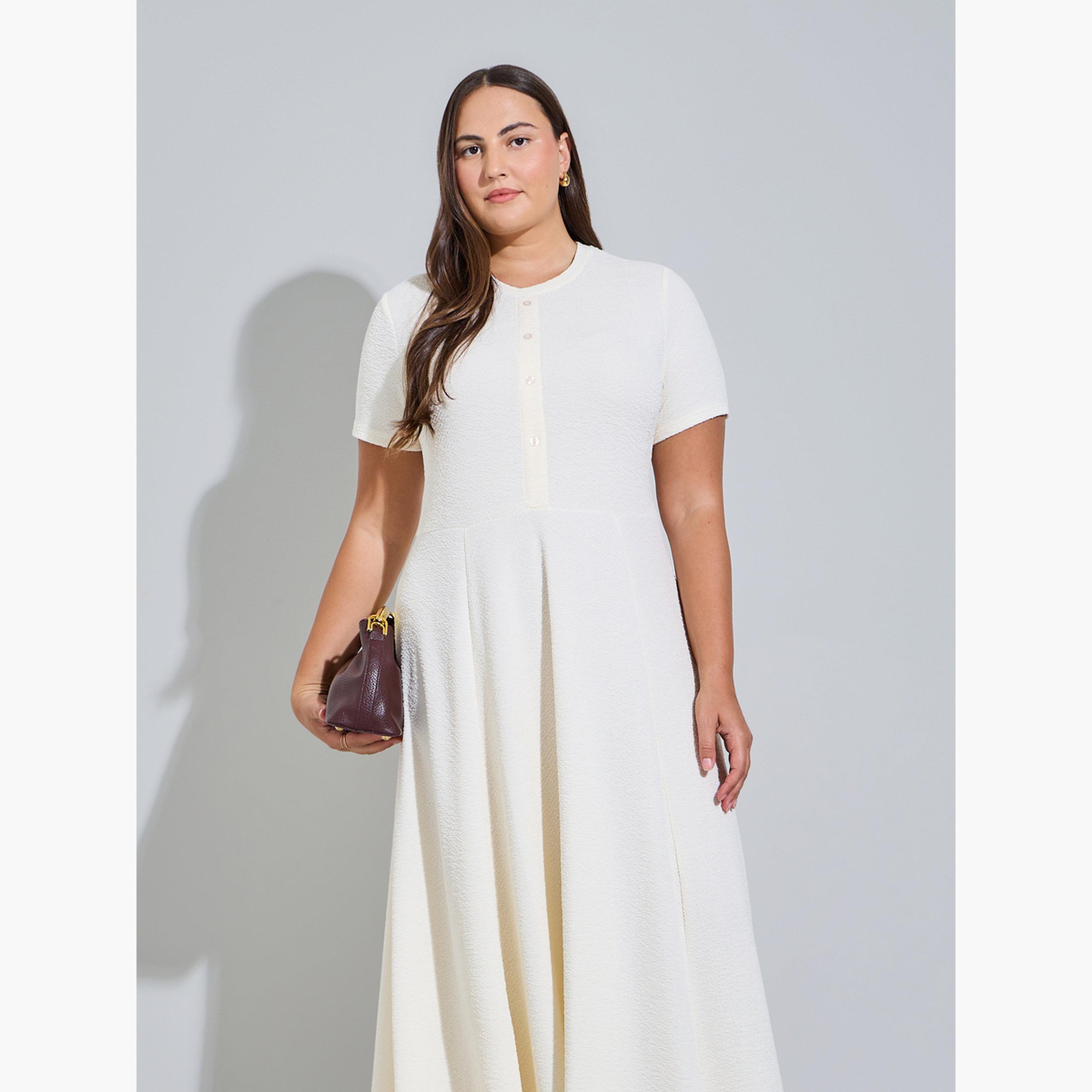 Styli Plus Size Cream Textured A-Line Maxi Dress-women-clothing-dresses-image-2