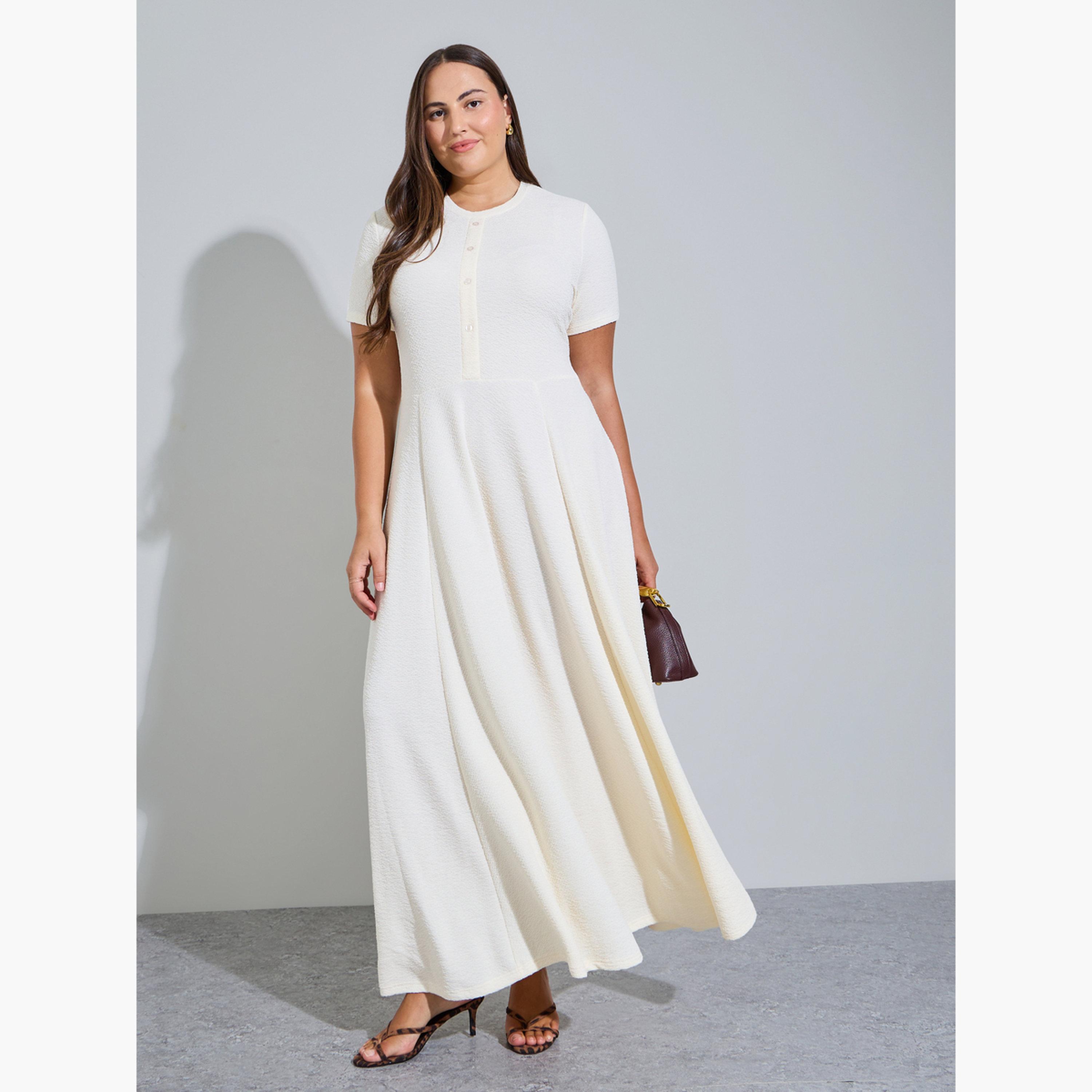 Styli Plus Size Cream Textured A-Line Maxi Dress-women-clothing-dresses-image-3