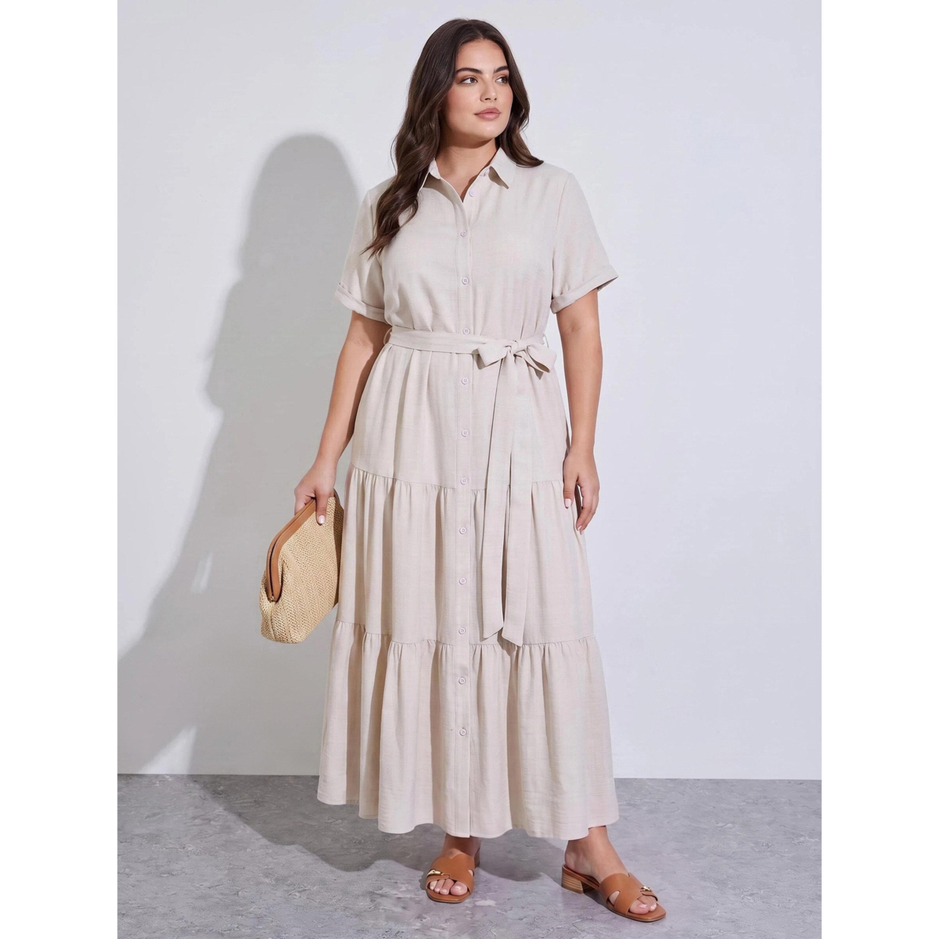 ستايلي - فستان ماكسي بيج سادة رباط عند الخصر من  مقاس كبير-women-clothing-dresses-image-1