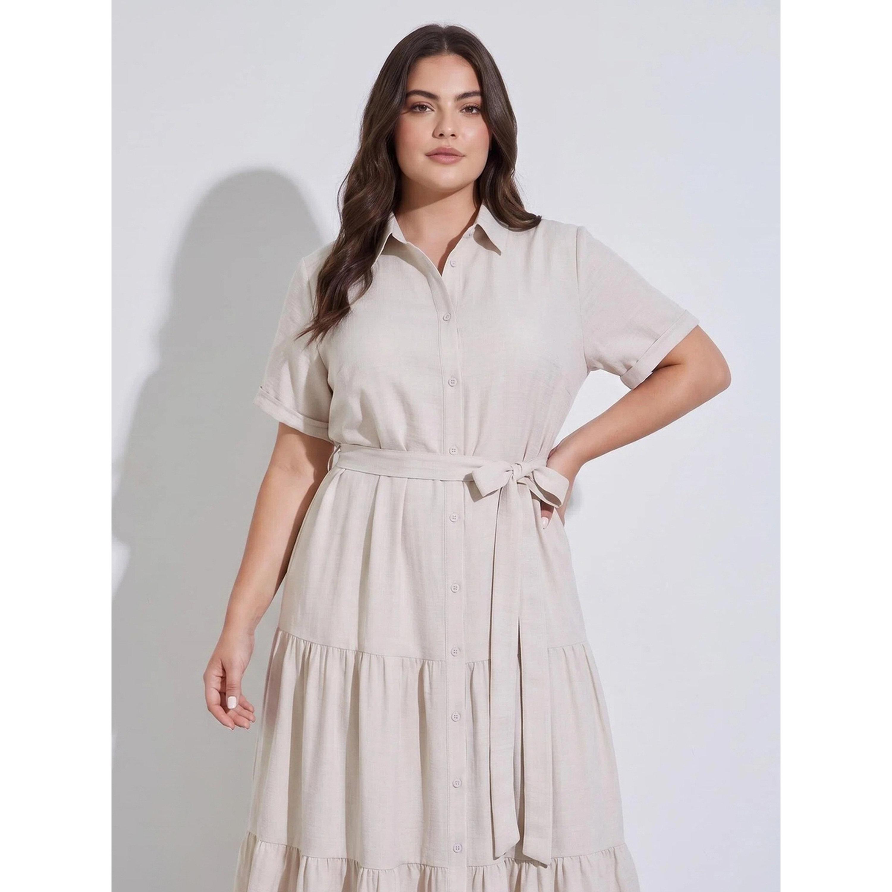ستايلي - فستان ماكسي بيج سادة رباط عند الخصر من  مقاس كبير-women-clothing-dresses-image-2
