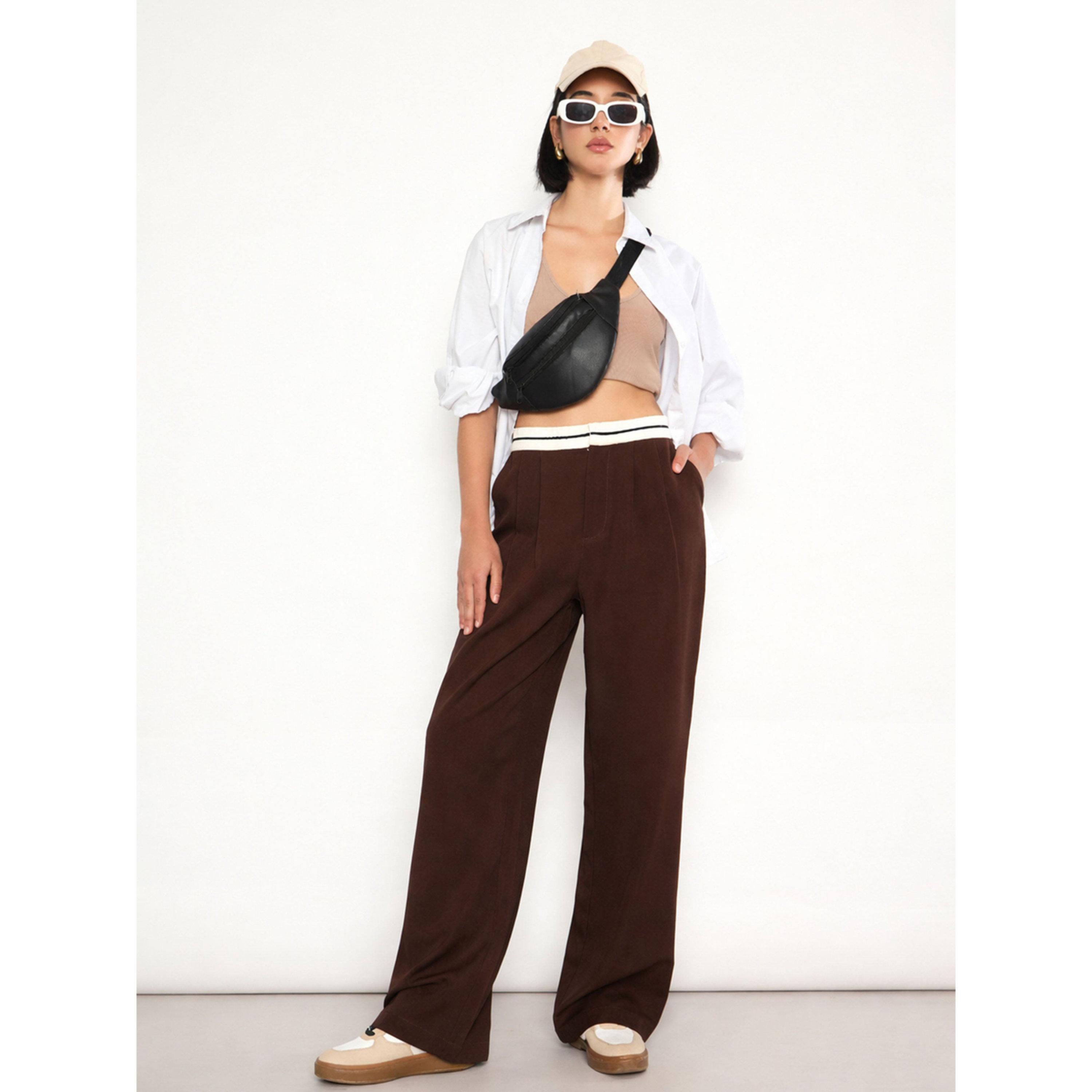 Sassafras X Styli Brown Front Pleated Wide Leg Korean Pants-women-clothing-joggers-image-2