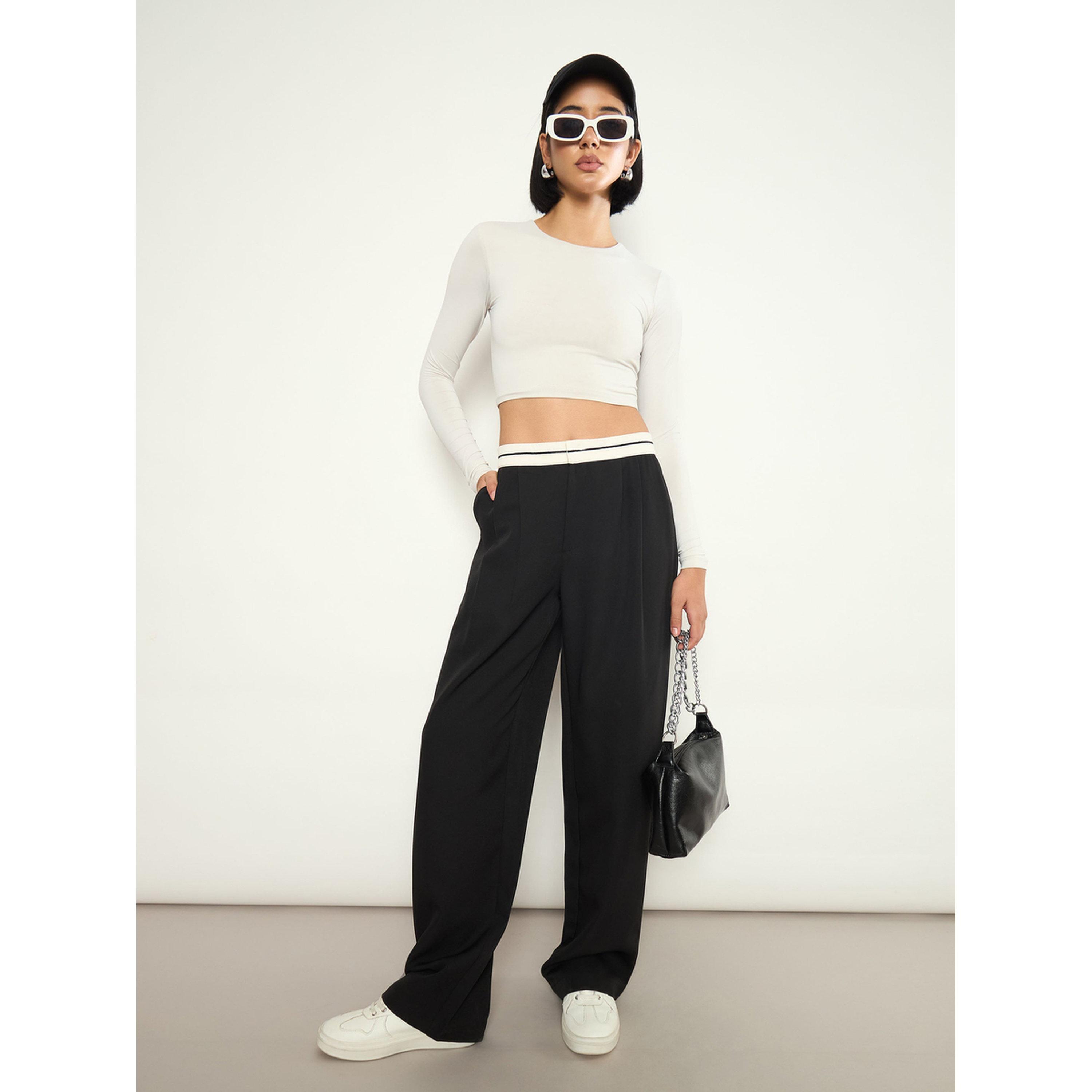 Sassafras X Styli Black Front Pleated Wide Leg Korean Pants-women-clothing-joggers-image-2