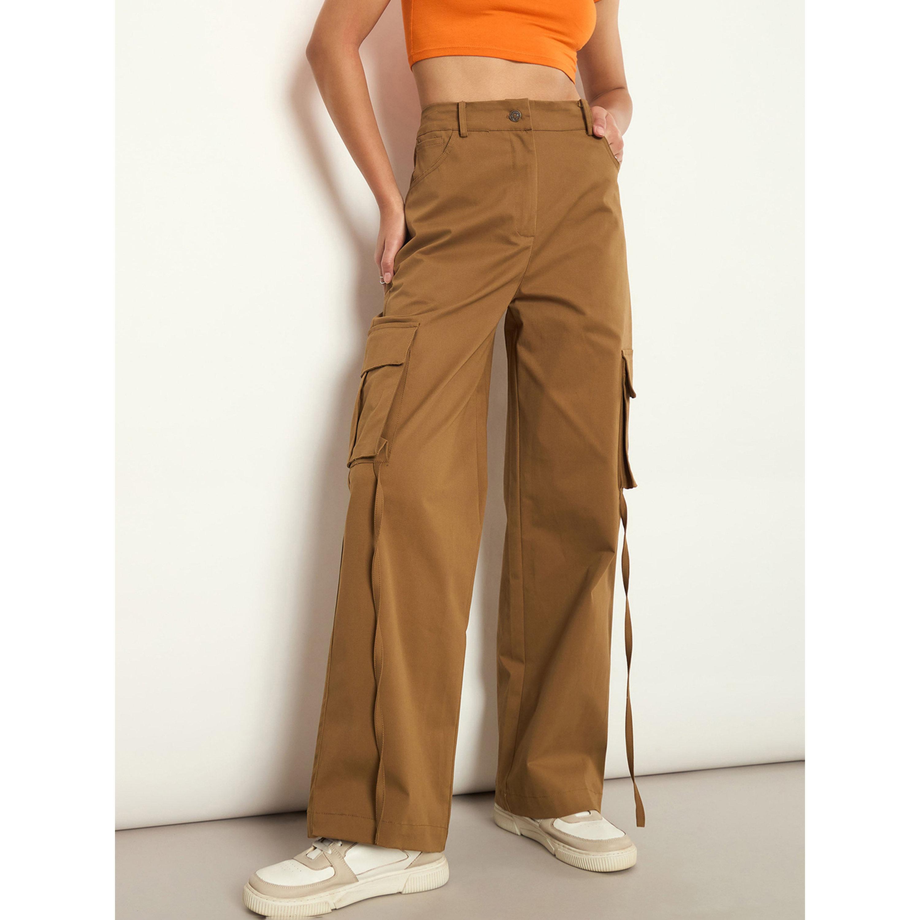 بنطال كارجو بأرجل عريضة وتفاصيل جيوب - بني-women-clothing-trousers-image-1
