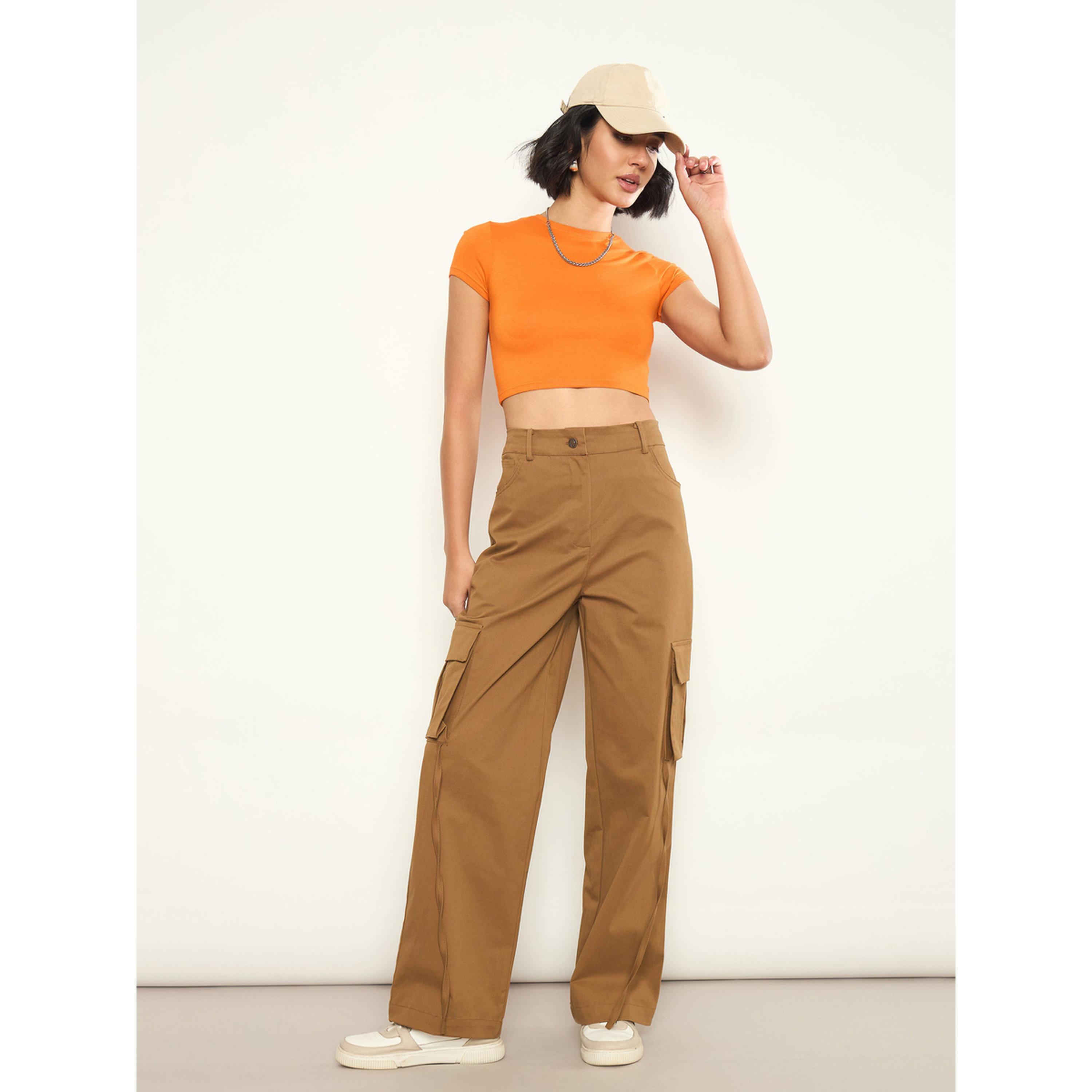 Sassafras X Styli Brown Pocket Detail Wide Leg Cargo Pants-women-clothing-trousers-image-2