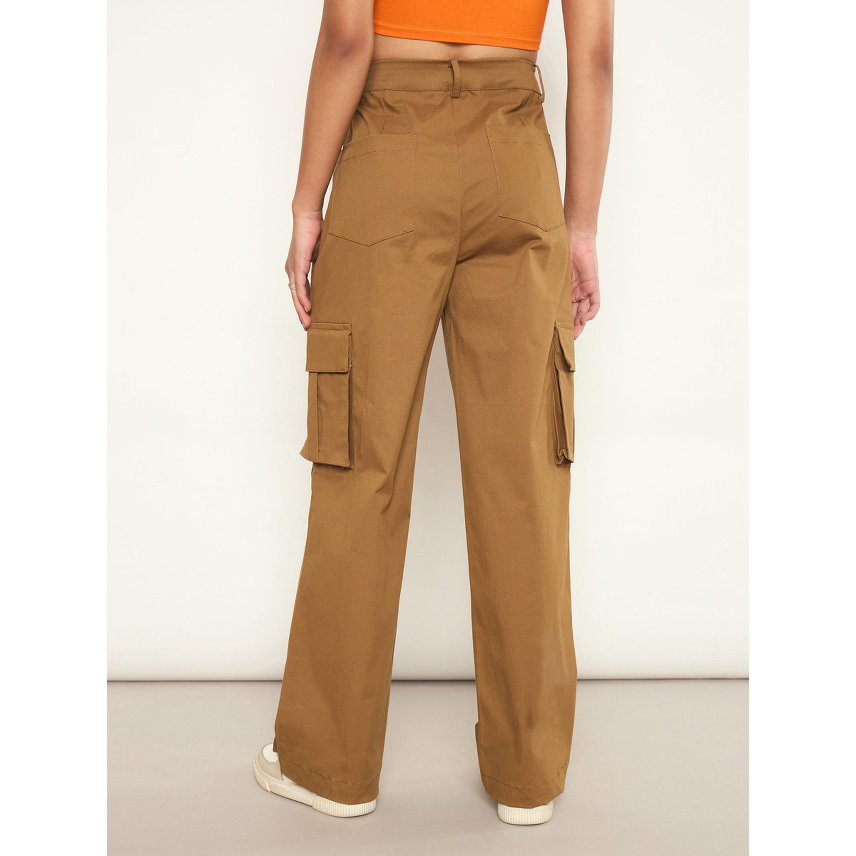 بنطال كارجو بأرجل عريضة وتفاصيل جيوب - بني-women-clothing-trousers-image-5
