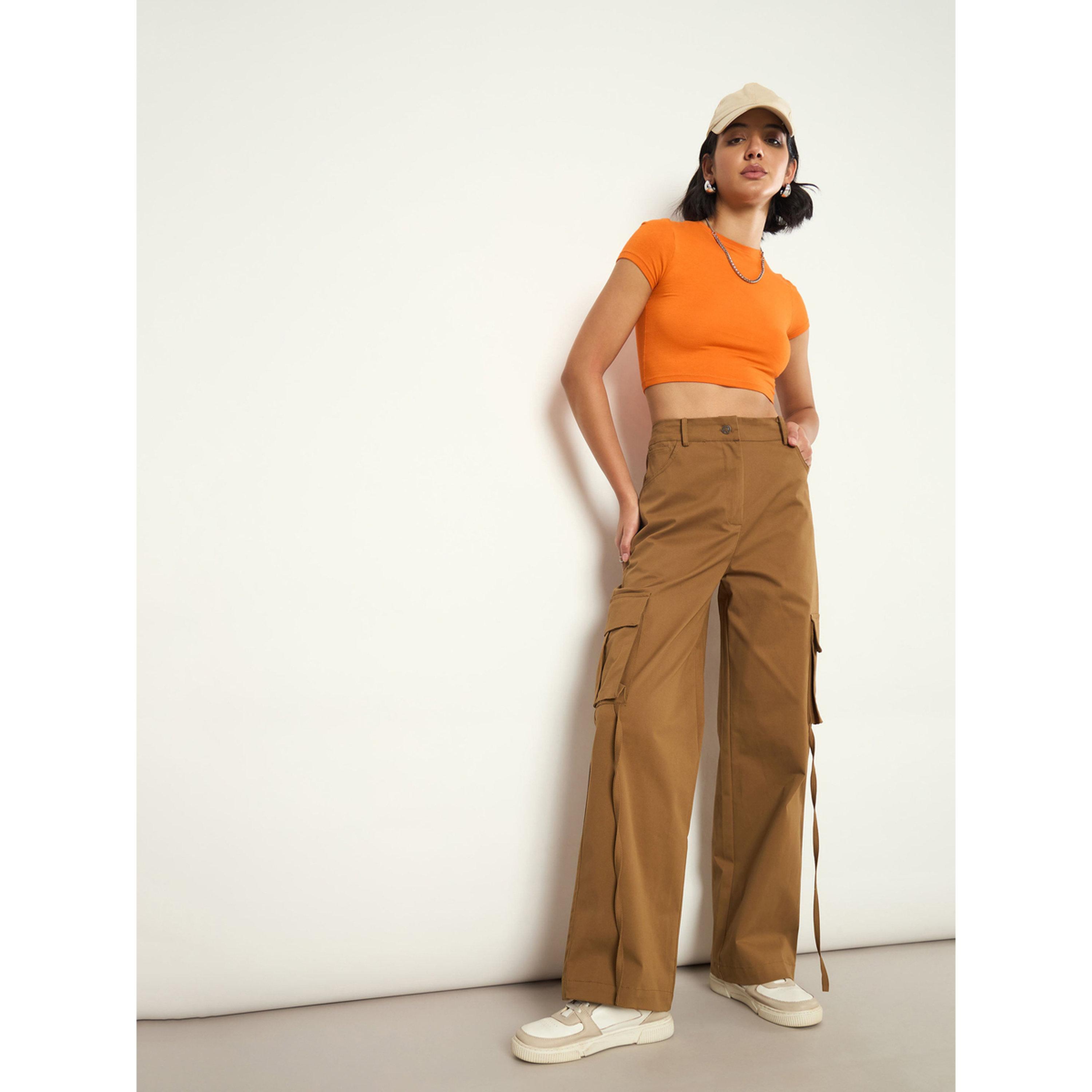بنطال كارجو بأرجل عريضة وتفاصيل جيوب - بني-women-clothing-trousers-image-6