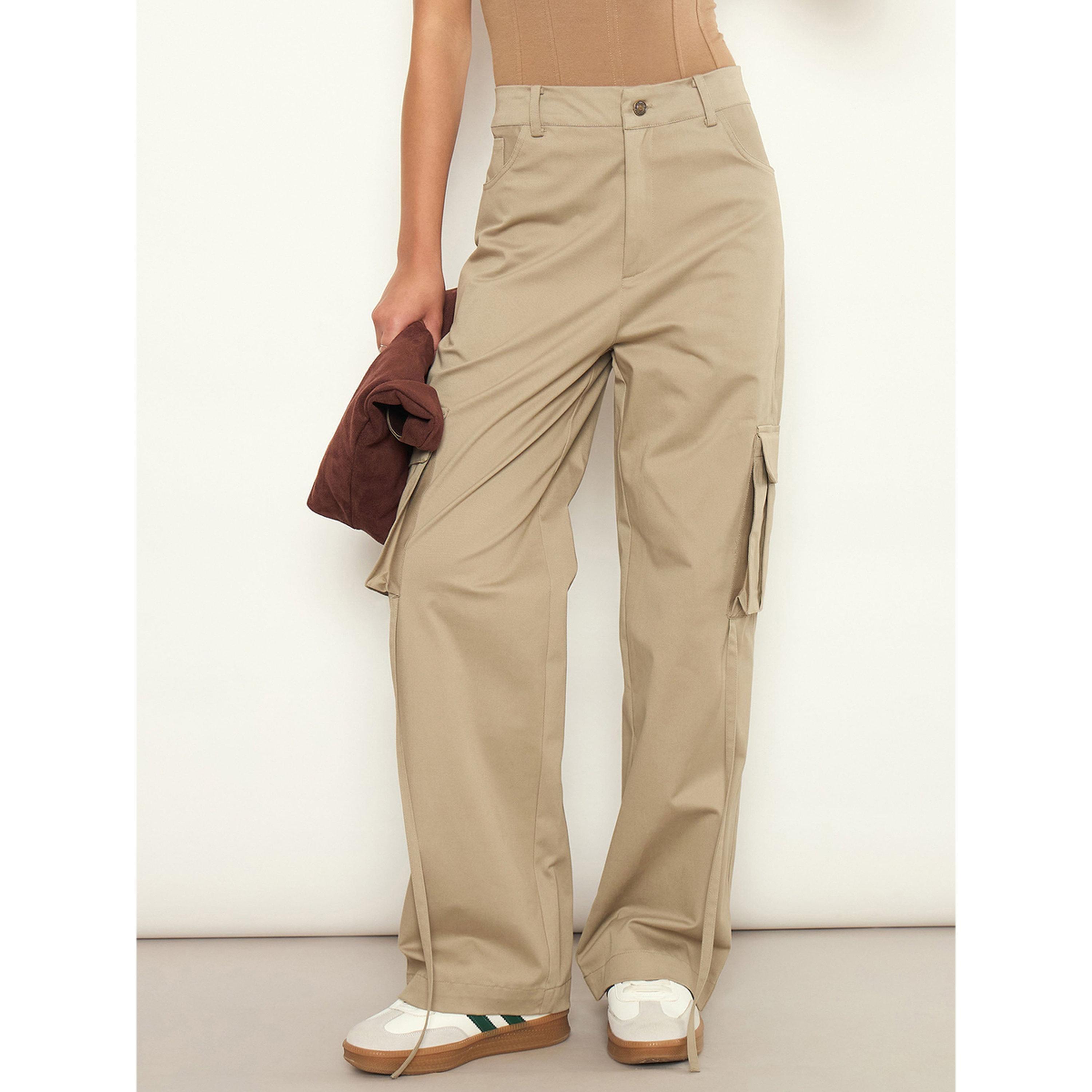 Sassafras X Styli Beige Pocket Detail Wide Leg Cargo Pants-women-clothing-trousers-image-1