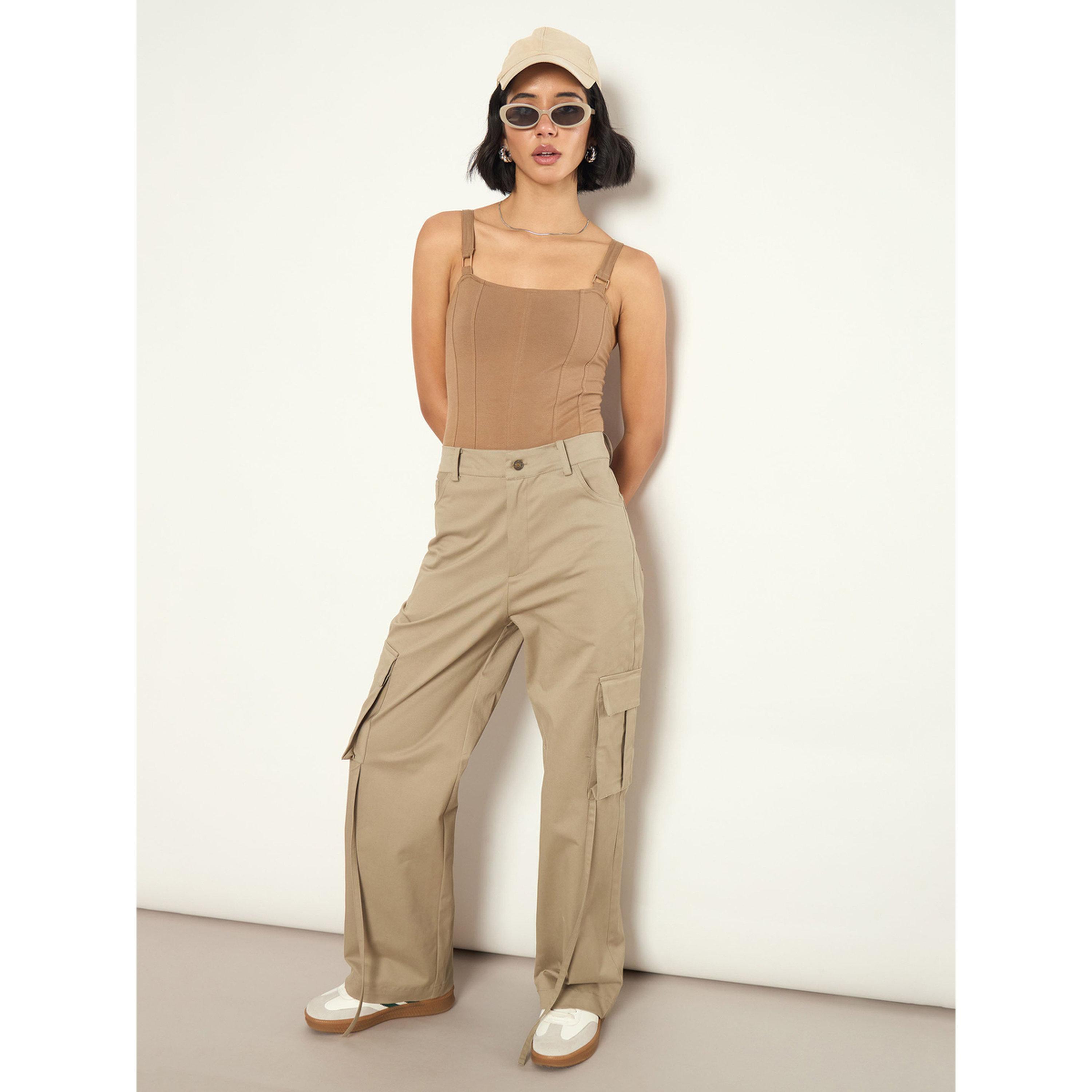 Sassafras X Styli Beige Pocket Detail Wide Leg Cargo Pants-women-clothing-trousers-image-2