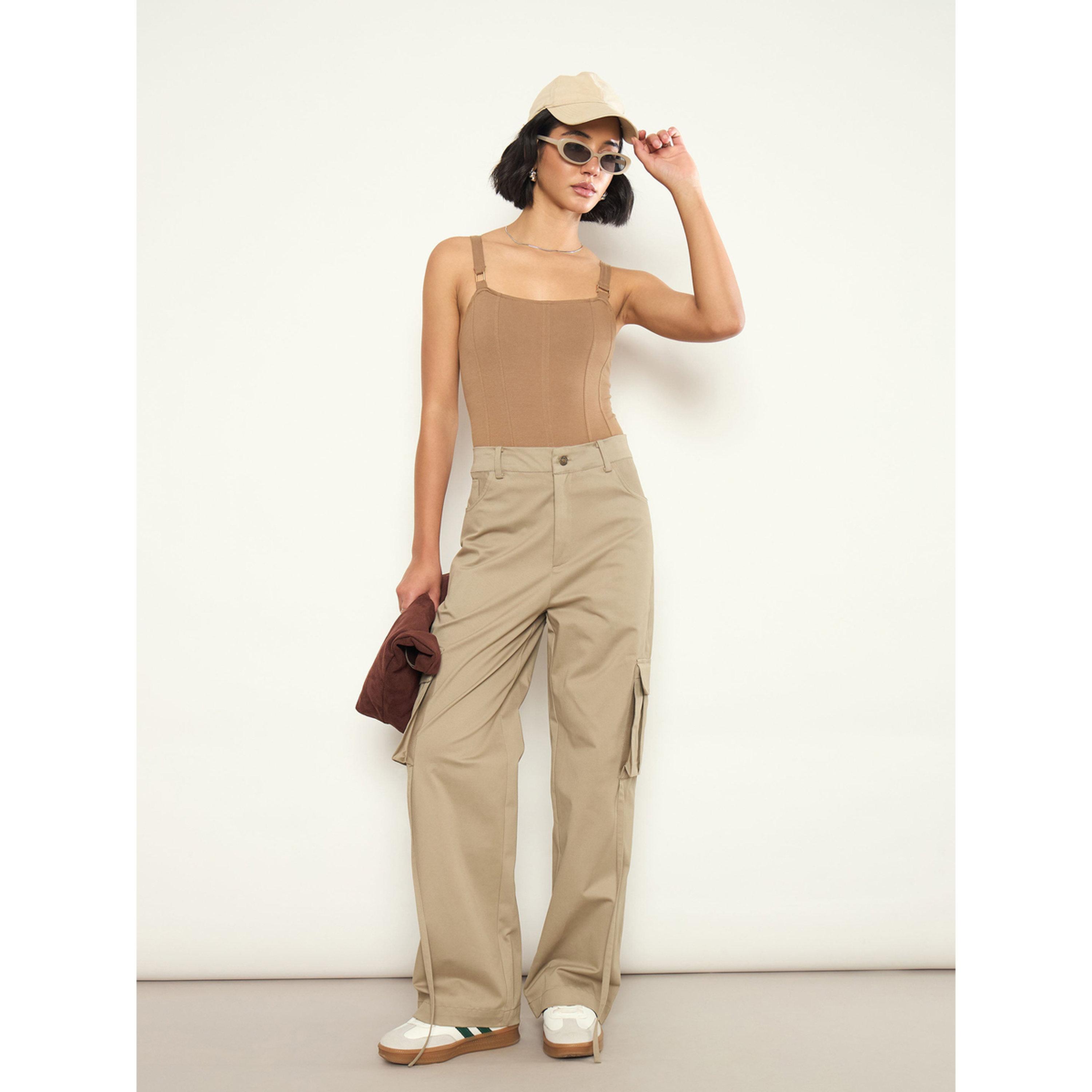 Sassafras X Styli Beige Pocket Detail Wide Leg Cargo Pants-women-clothing-trousers-image-6