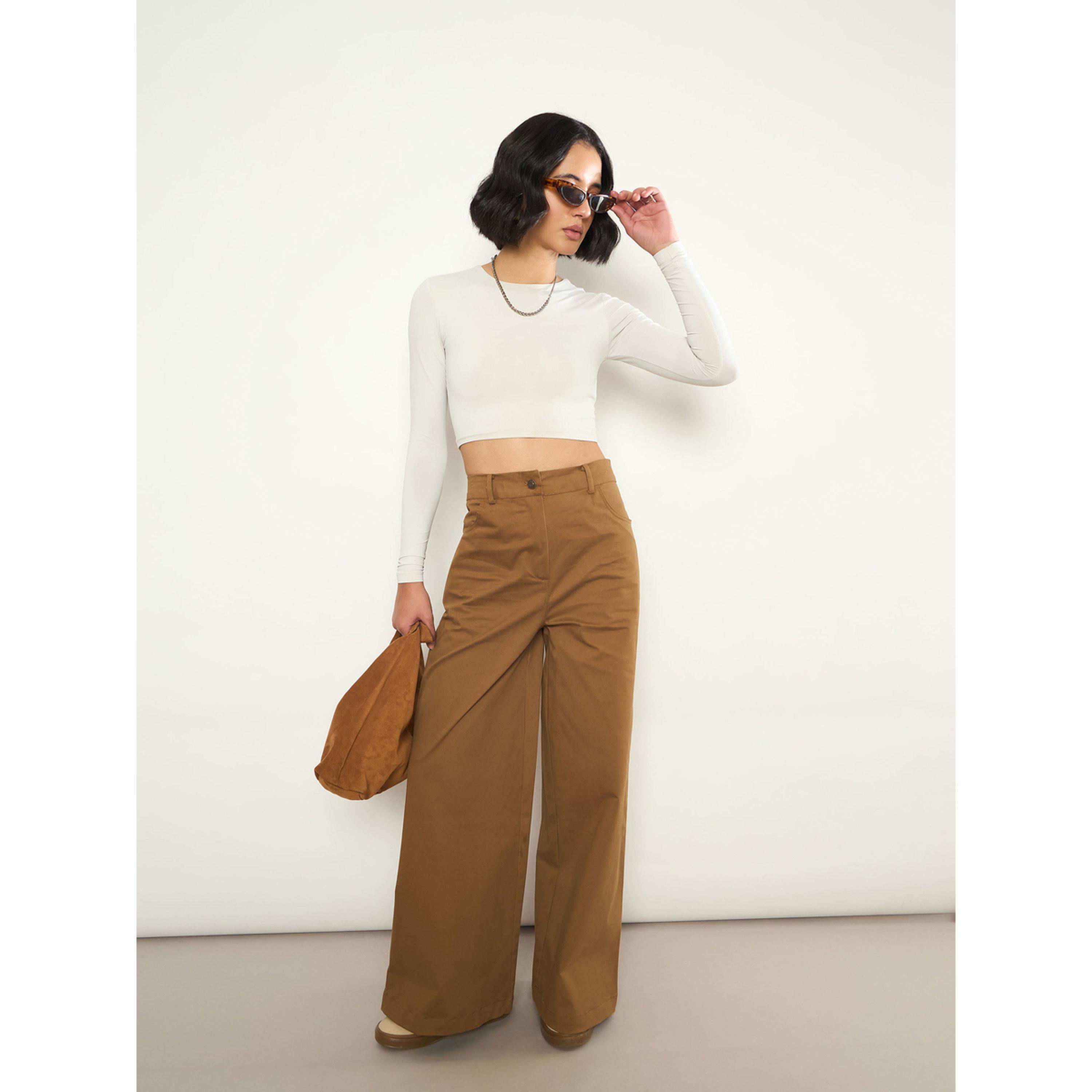Sassafras X Styli Brown Twill Wide Leg Cotton Pants-women-clothing-trousers-image-2