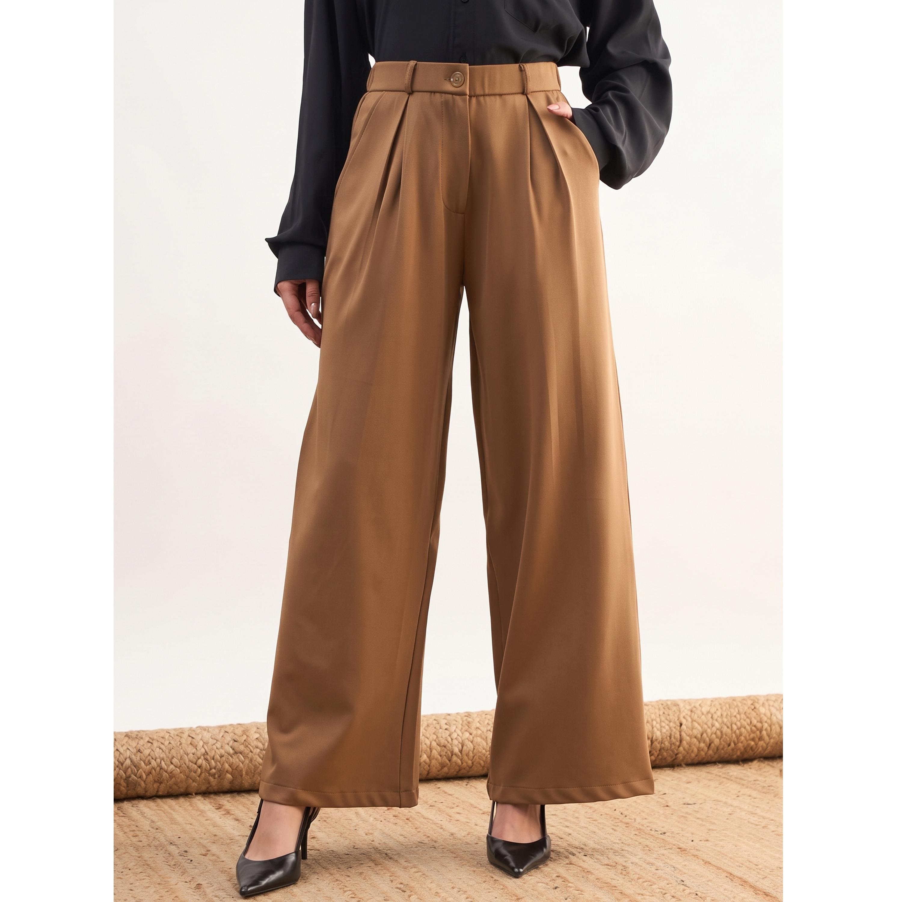 SASSAFRAS worklyf Tan High-Waist Pleated Wide-Leg Trousers-women-clothing-joggers-image-1
