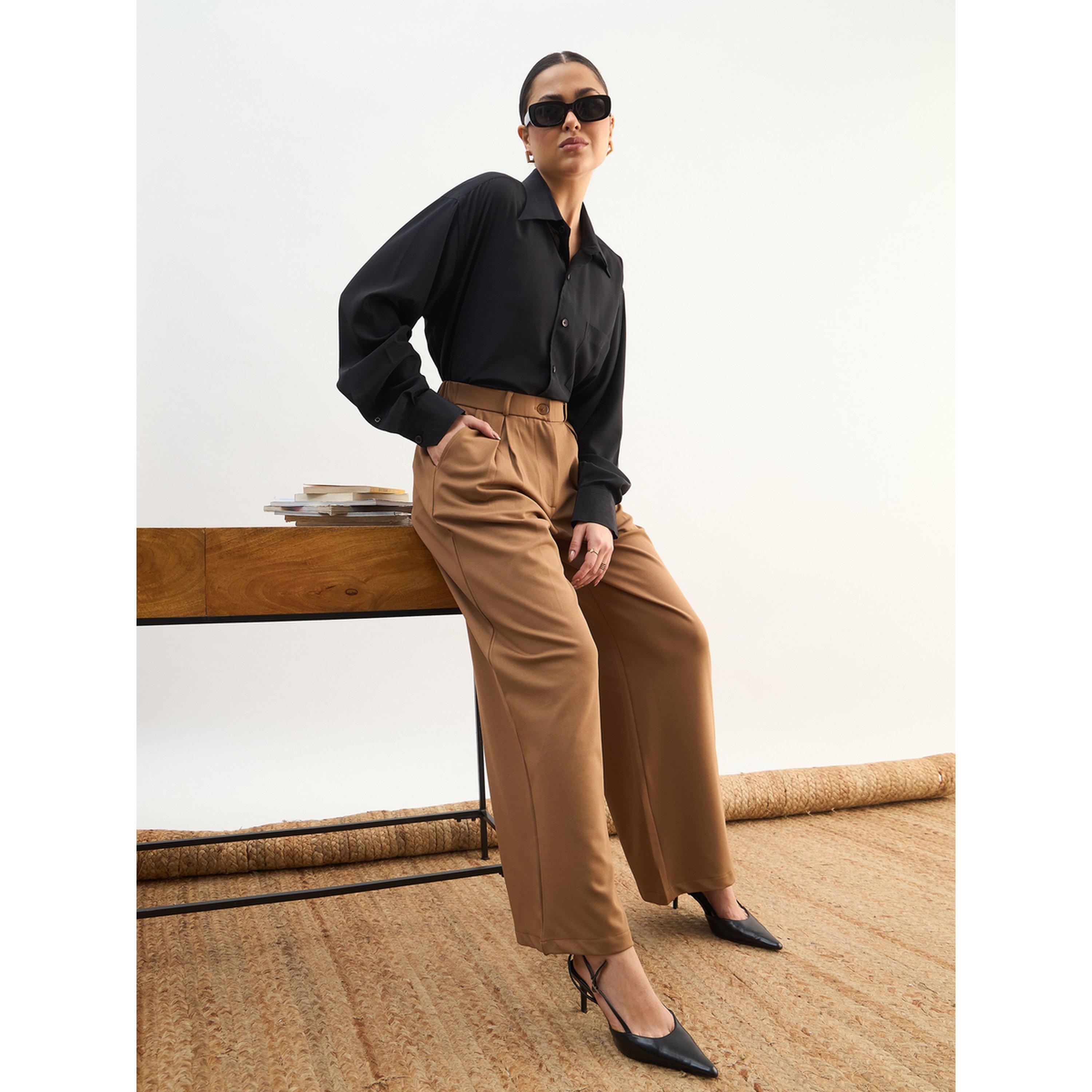 SASSAFRAS worklyf Tan High-Waist Pleated Wide-Leg Trousers-women-clothing-joggers-image-2