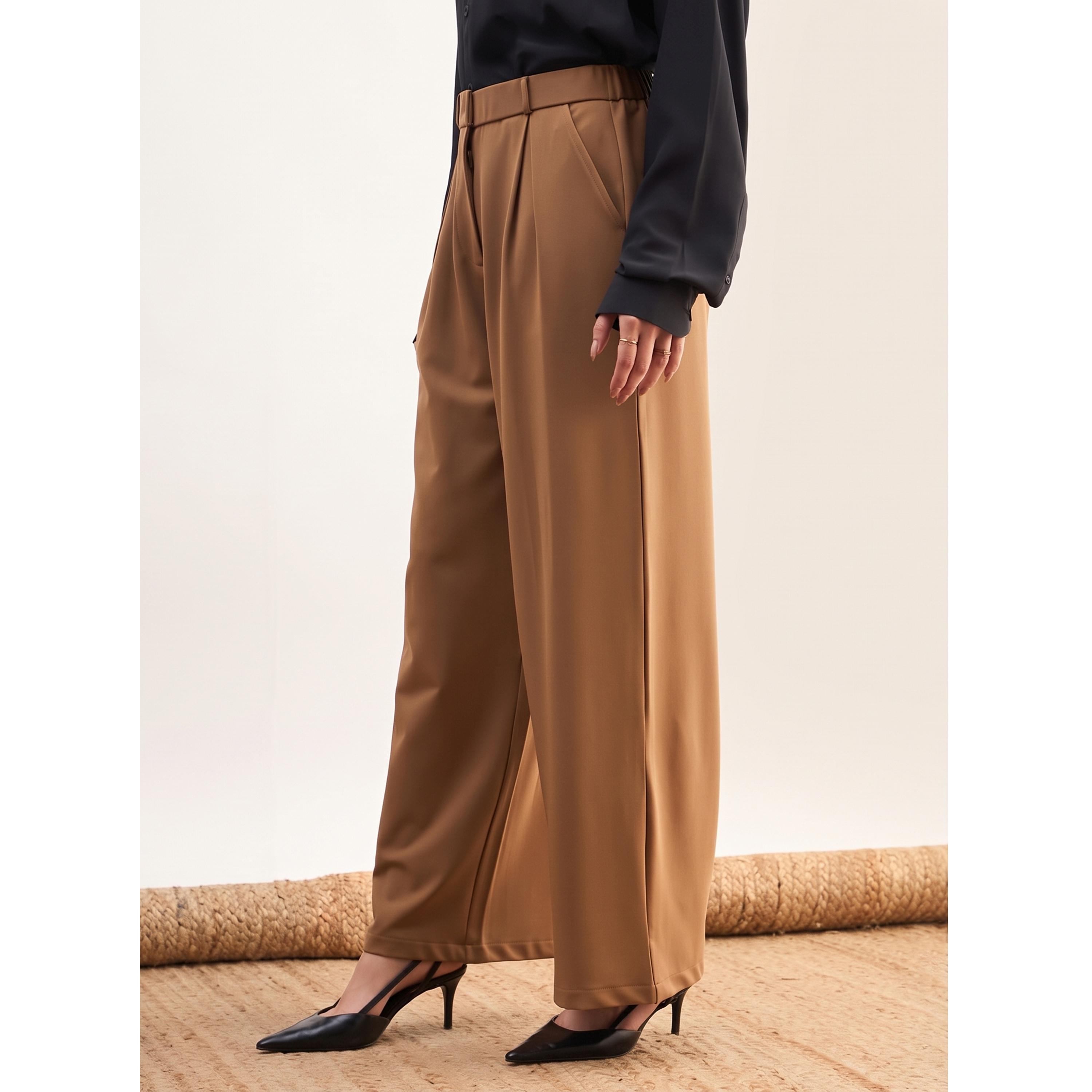 SASSAFRAS worklyf Tan High-Waist Pleated Wide-Leg Trousers-women-clothing-joggers-image-3