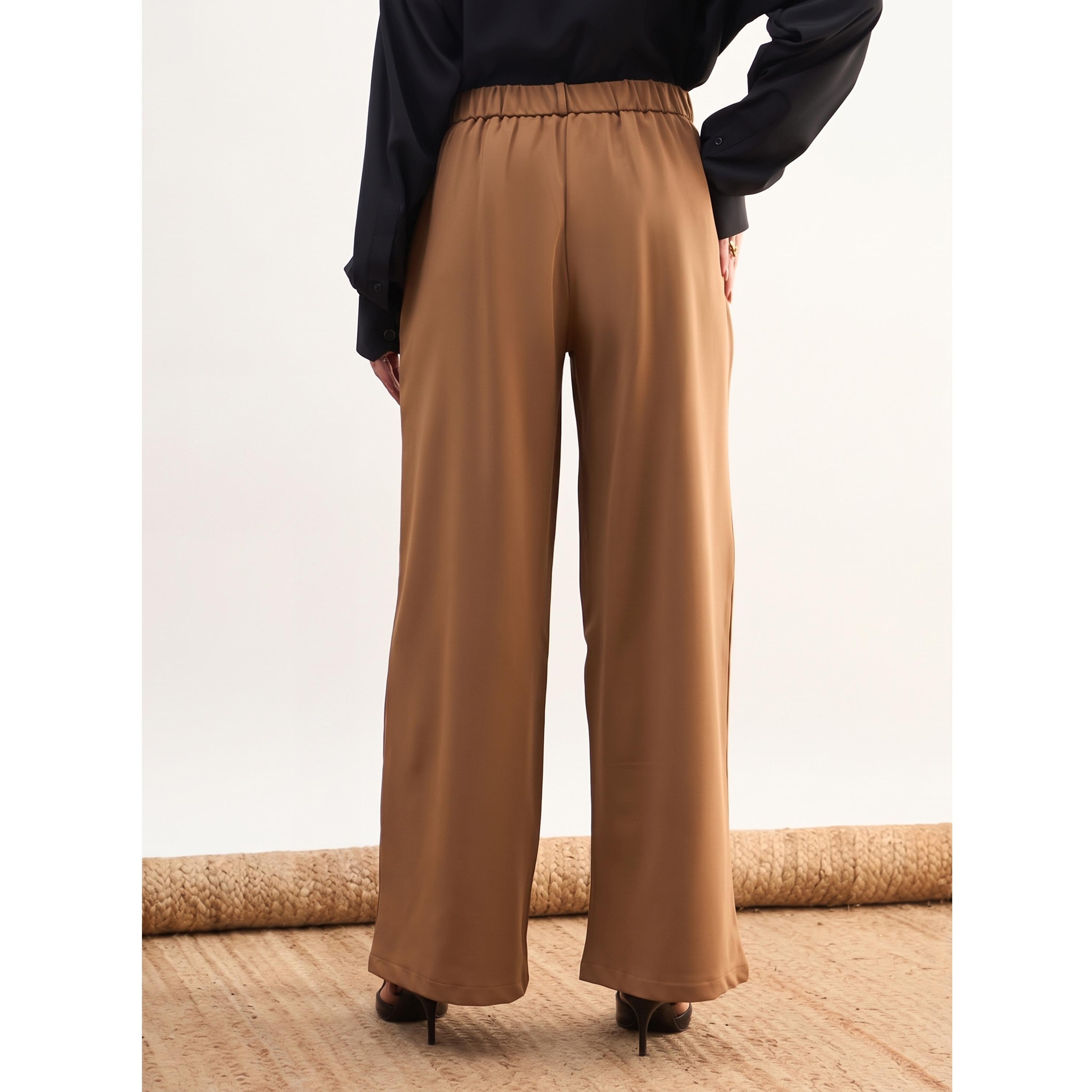 SASSAFRAS worklyf Tan High-Waist Pleated Wide-Leg Trousers-women-clothing-joggers-image-5