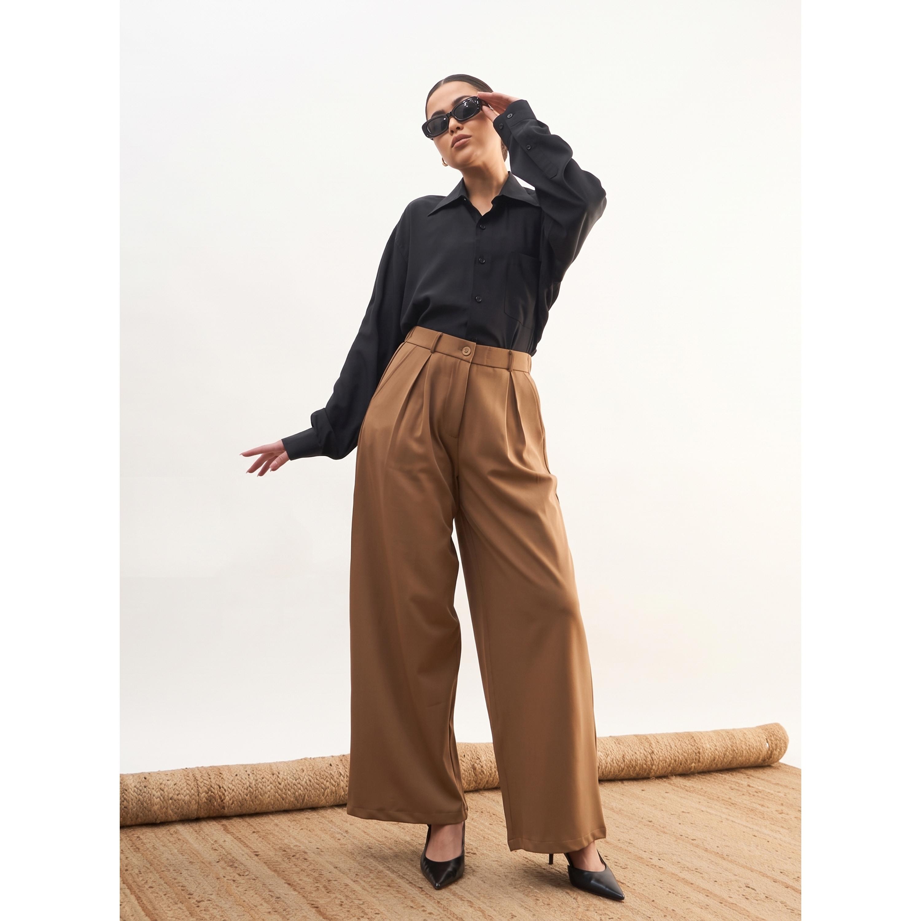 SASSAFRAS worklyf Tan High-Waist Pleated Wide-Leg Trousers-women-clothing-joggers-image-6