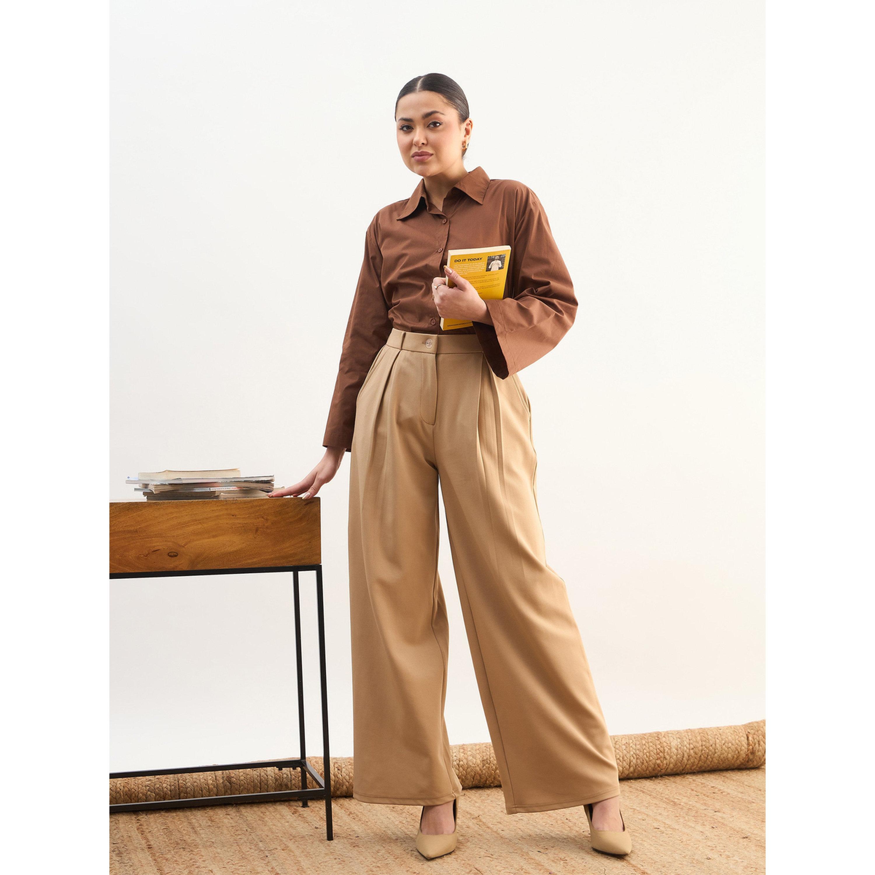 ساسافراس - بنطال وورك ليف واسع الساقين بكسرات بيج-women-clothing-joggers-image-2