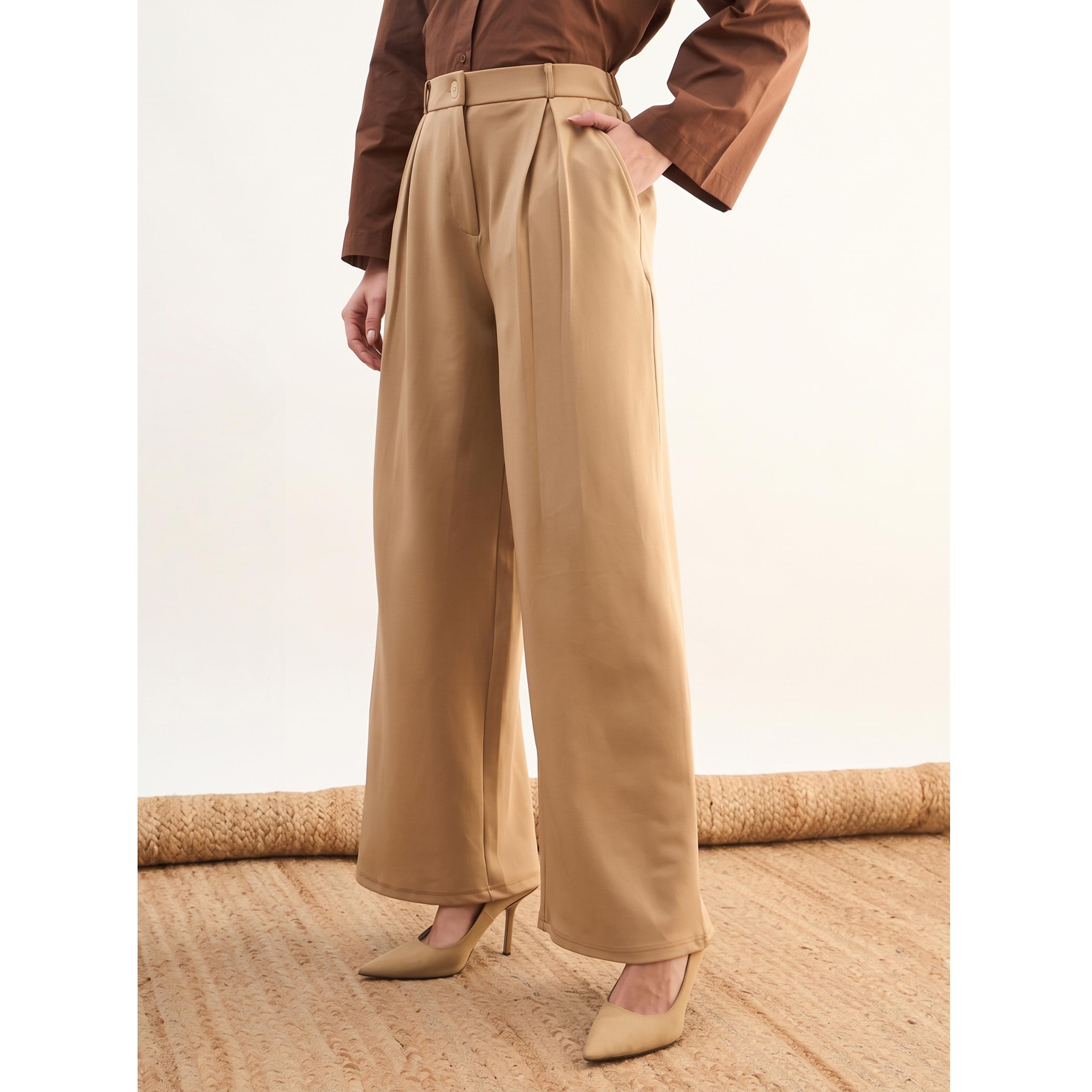 ساسافراس - بنطال وورك ليف واسع الساقين بكسرات بيج-women-clothing-joggers-image-3