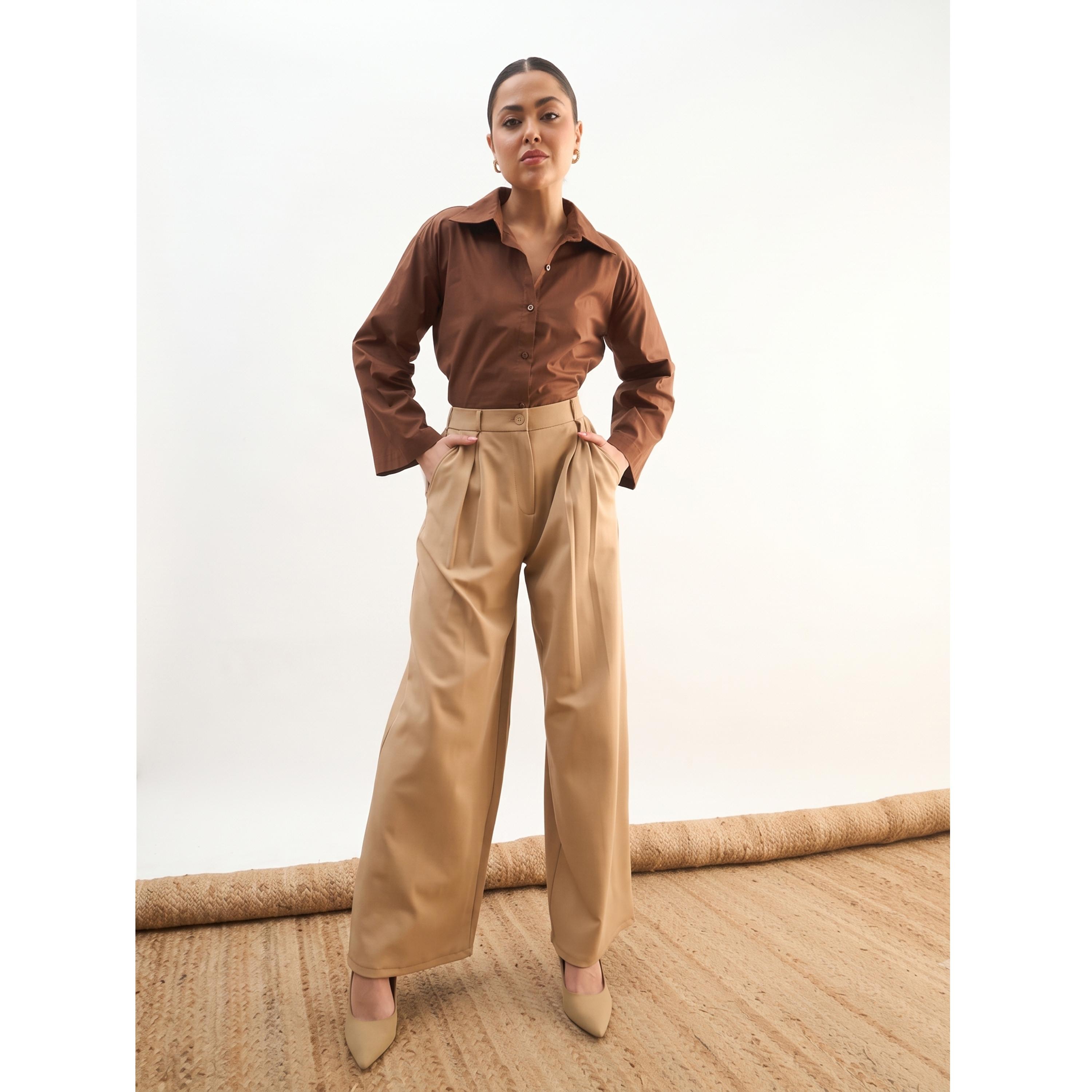 ساسافراس - بنطال وورك ليف واسع الساقين بكسرات بيج-women-clothing-joggers-image-6