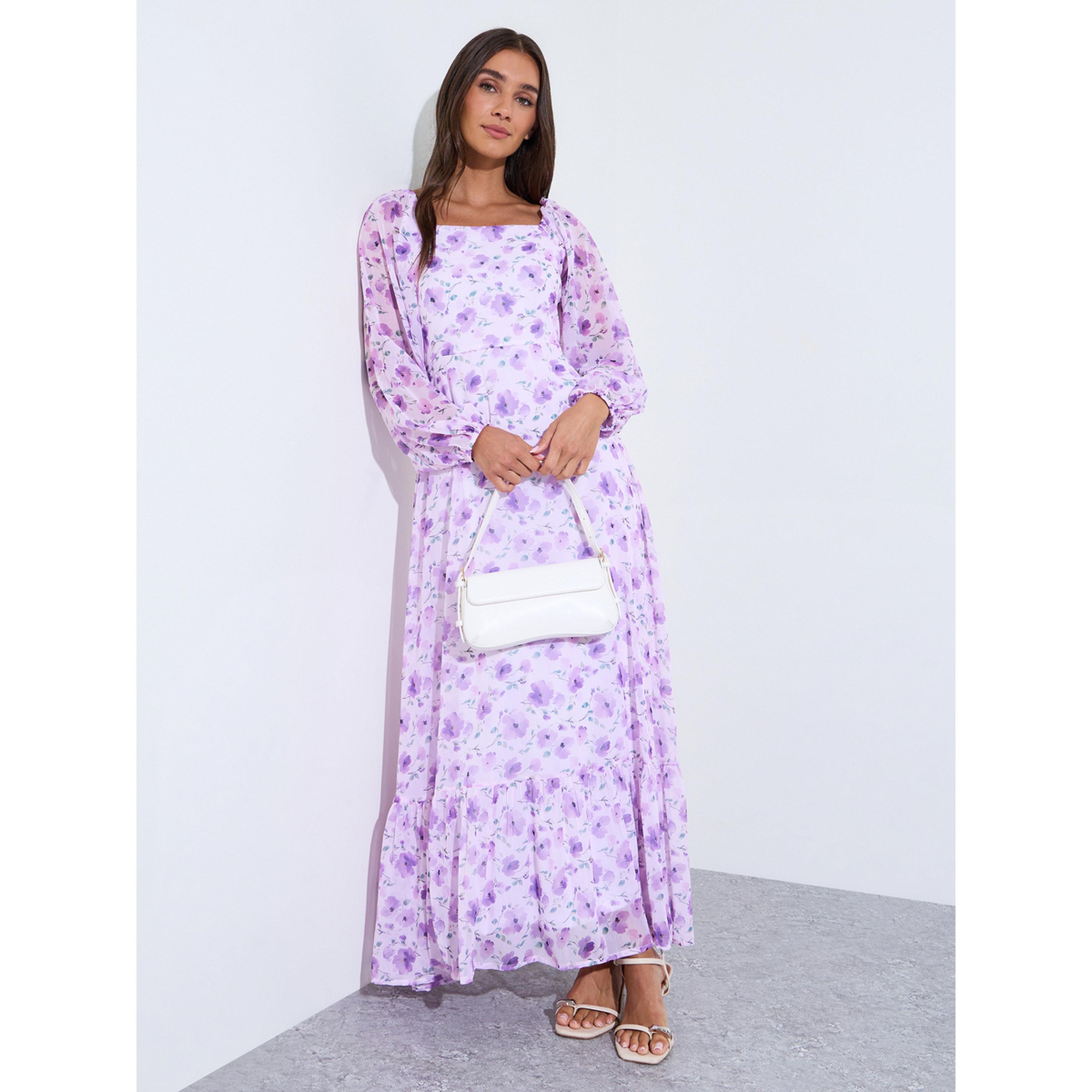 Styli Lilac Floral Print Square Neck Long Puff Sleeves Maxi Dress-women-clothing-dresses-image-1