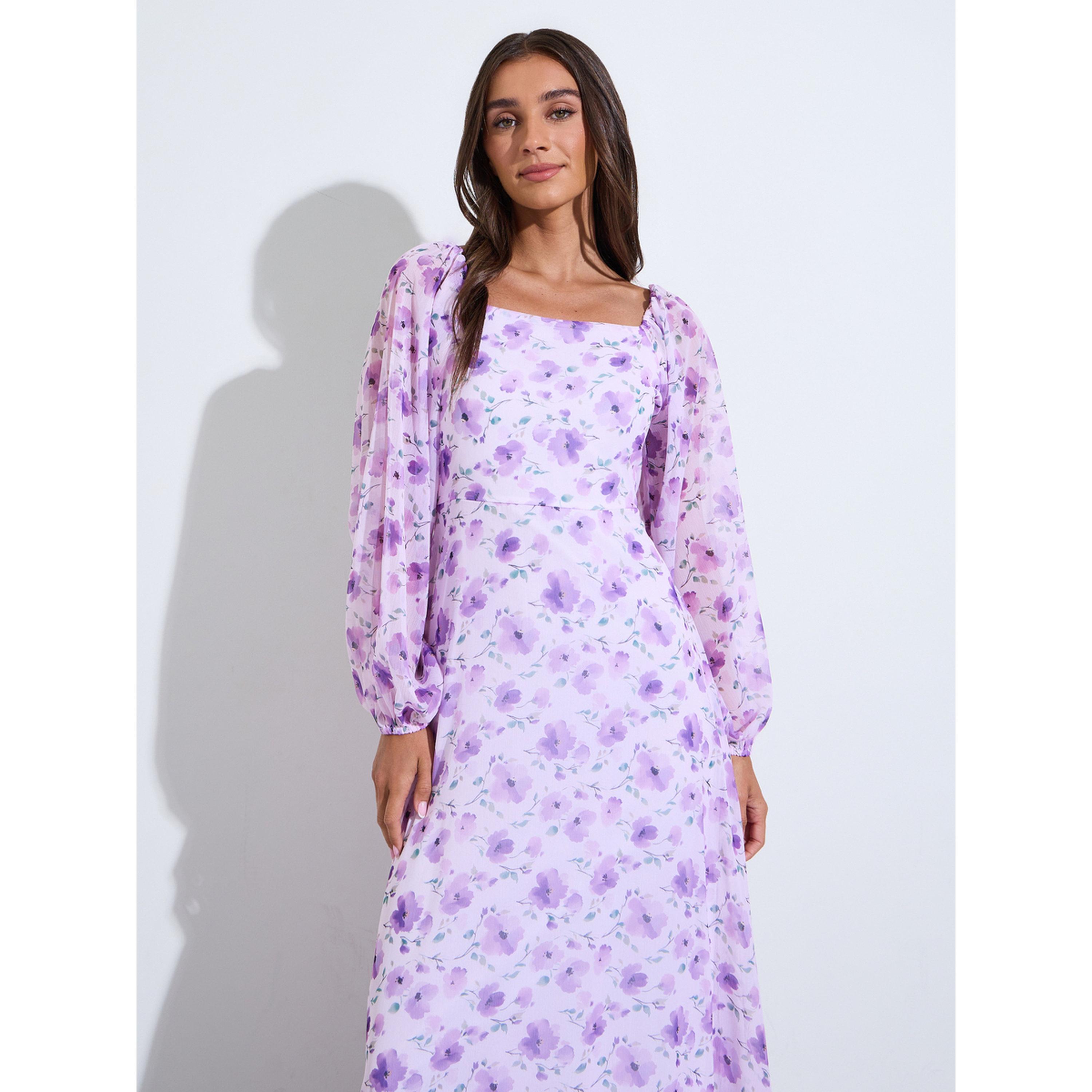 Styli Lilac Floral Print Square Neck Long Puff Sleeves Maxi Dress-women-clothing-dresses-image-2