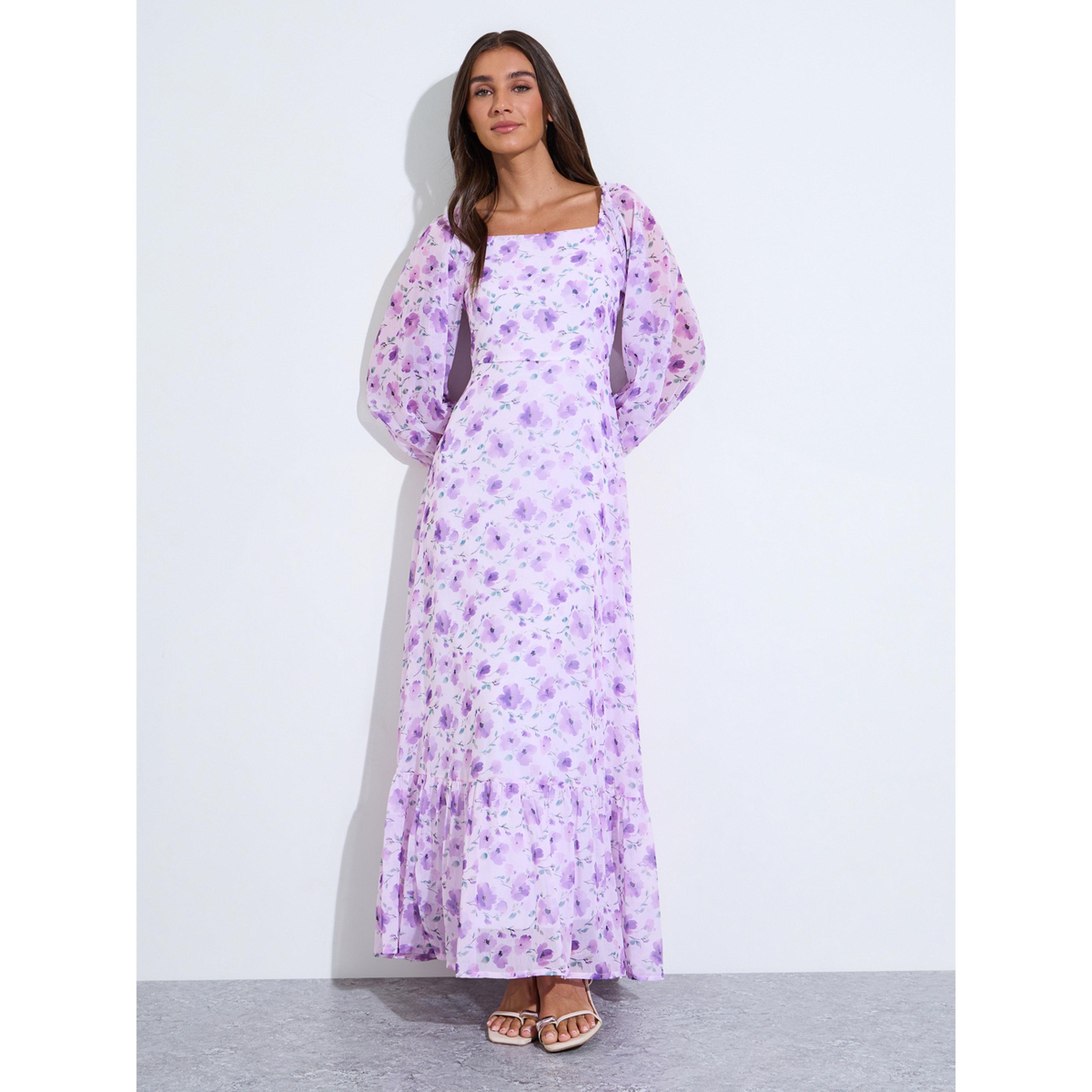 Styli Lilac Floral Print Square Neck Long Puff Sleeves Maxi Dress-women-clothing-dresses-image-3