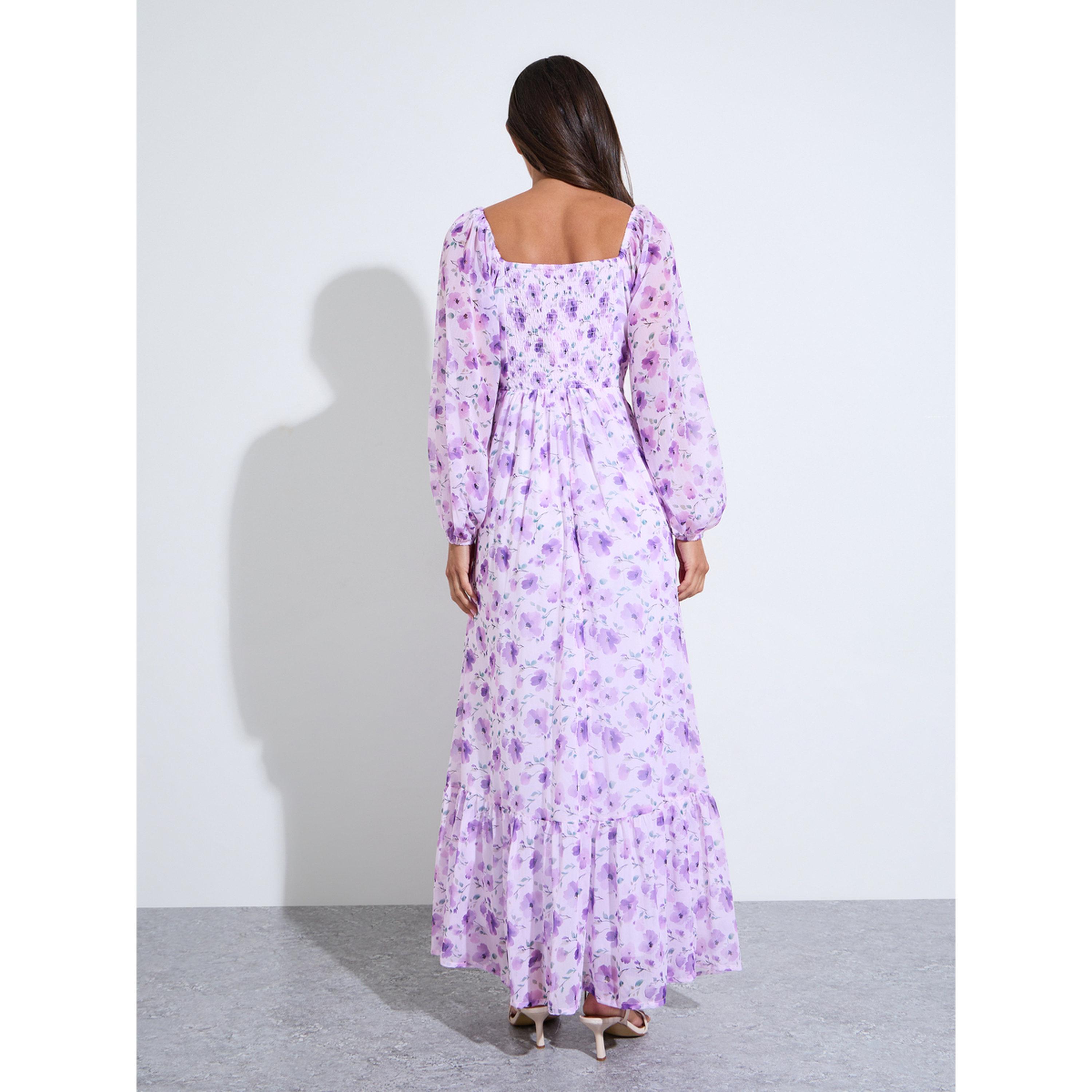 Styli Lilac Floral Print Square Neck Long Puff Sleeves Maxi Dress-women-clothing-dresses-image-4