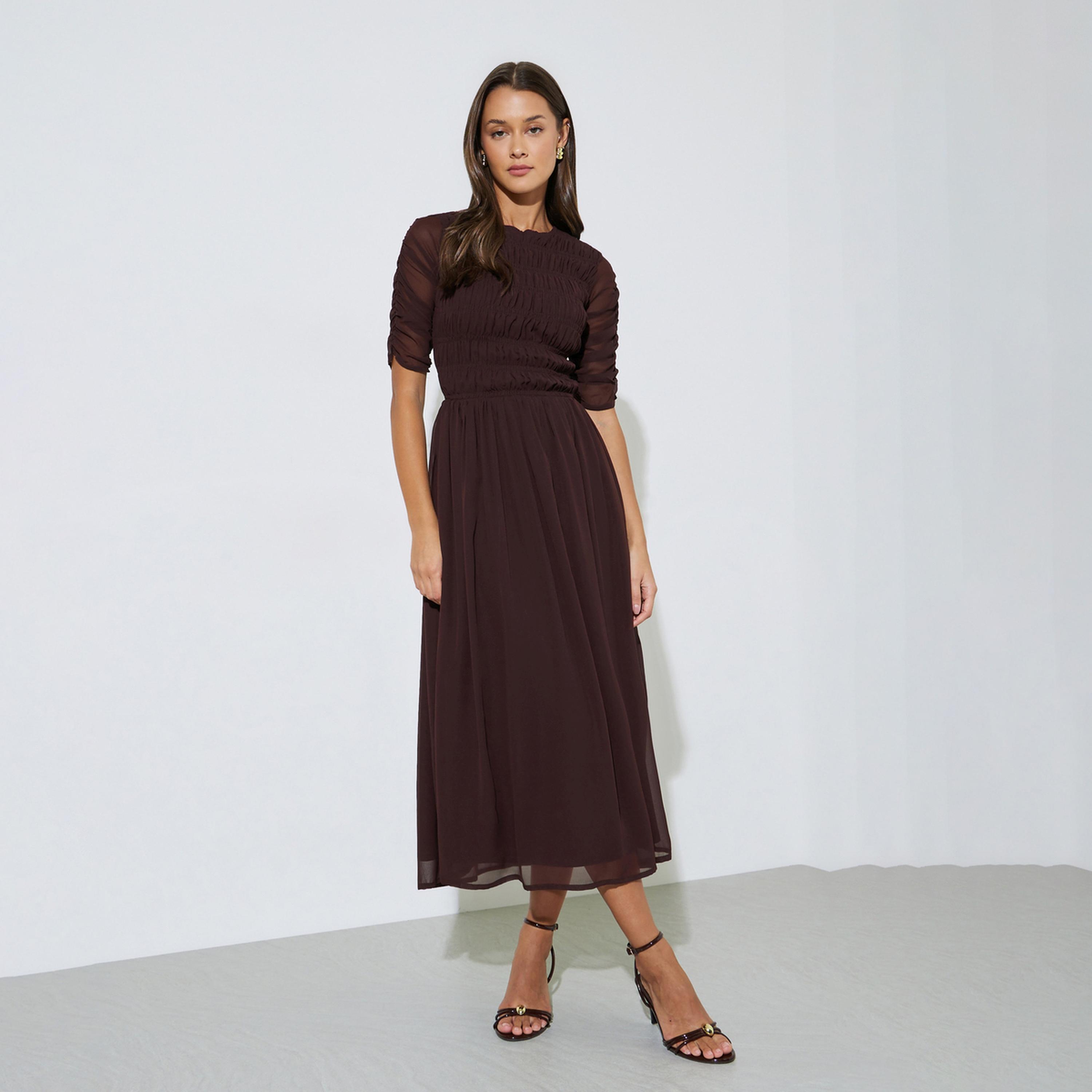 Styli Brown Solid Smoked Details A-Line Maxi Dress-women-clothing-dresses-image-1
