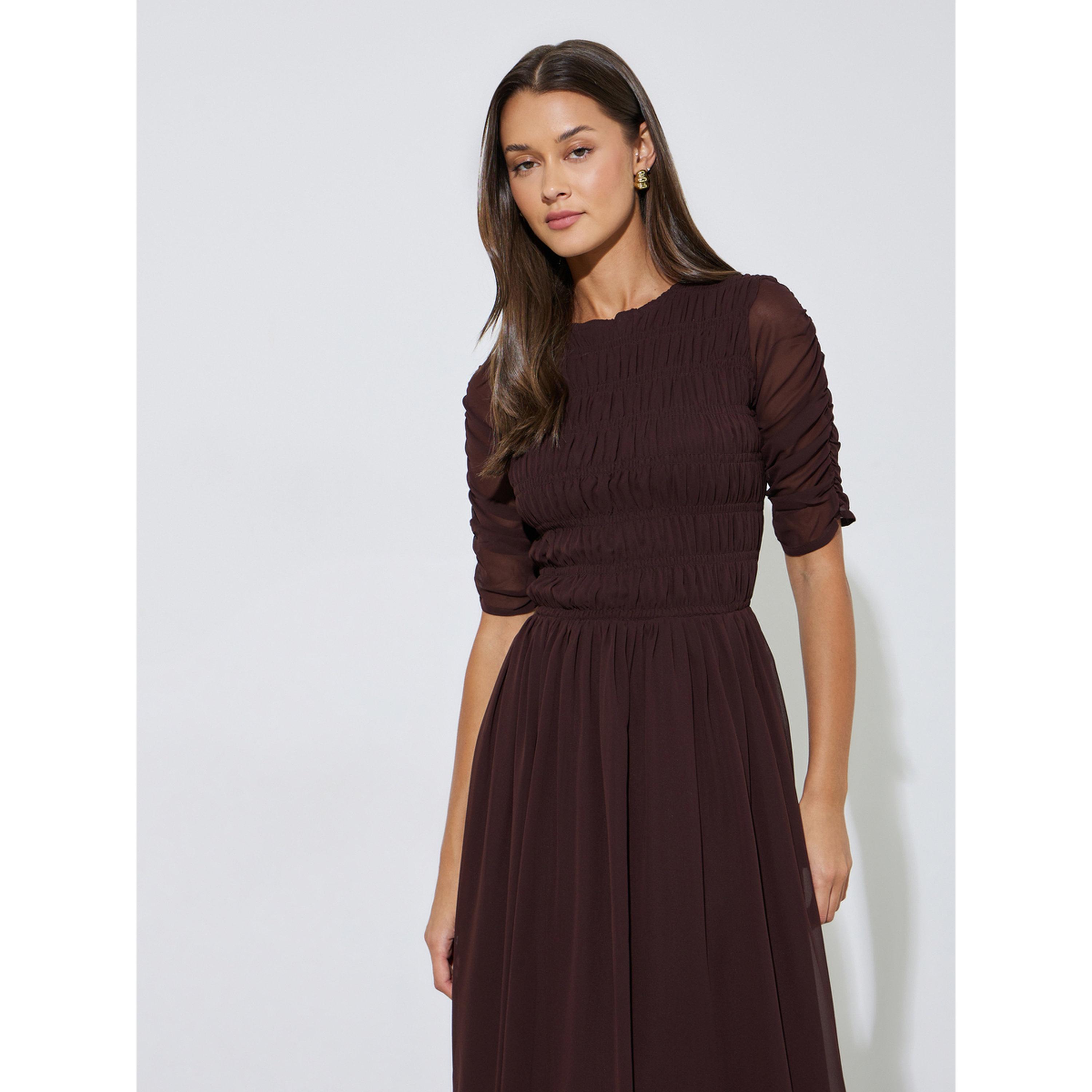 Styli Brown Solid Smoked Details A-Line Maxi Dress-women-clothing-dresses-image-2