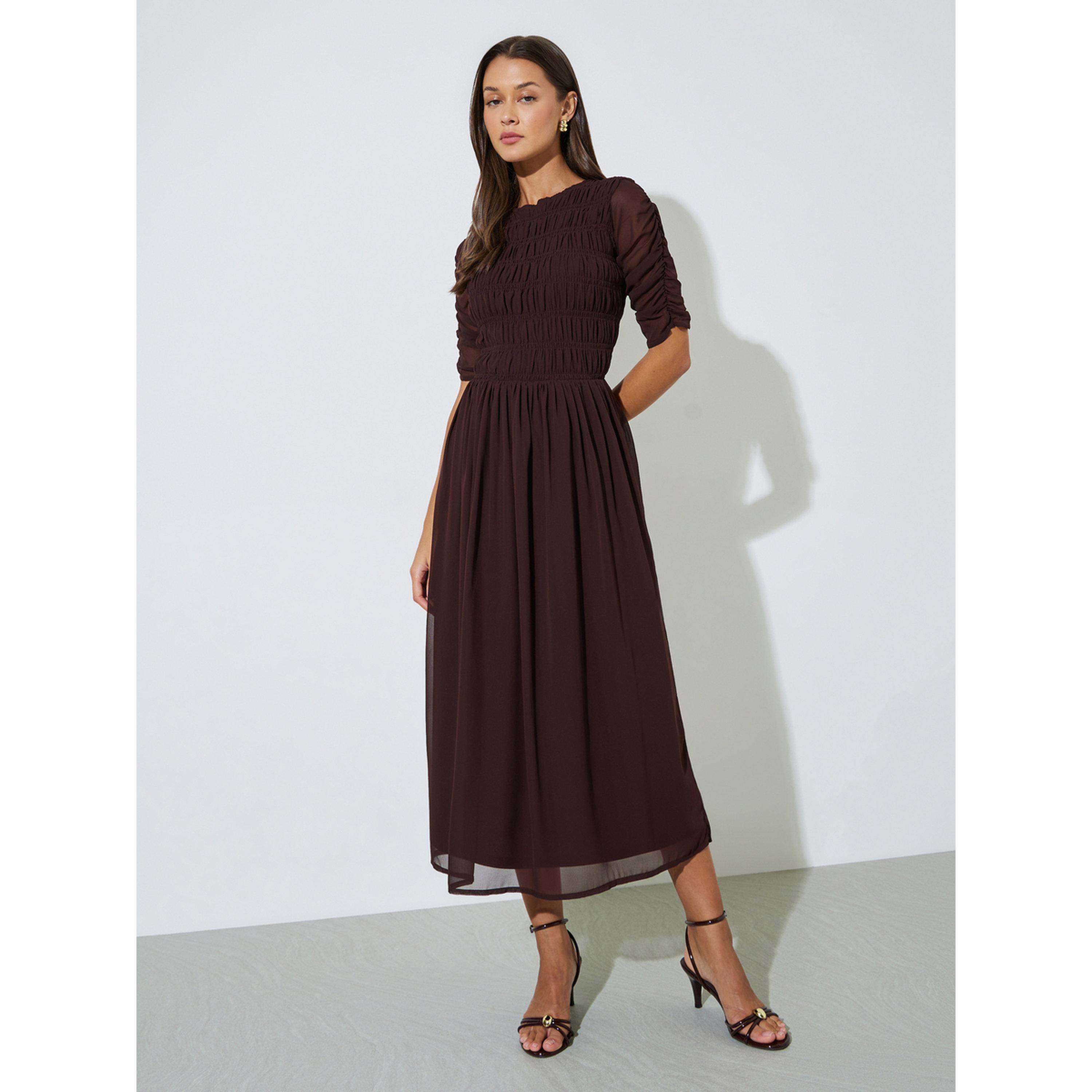 Styli Brown Solid Smoked Details A-Line Maxi Dress-women-clothing-dresses-image-3