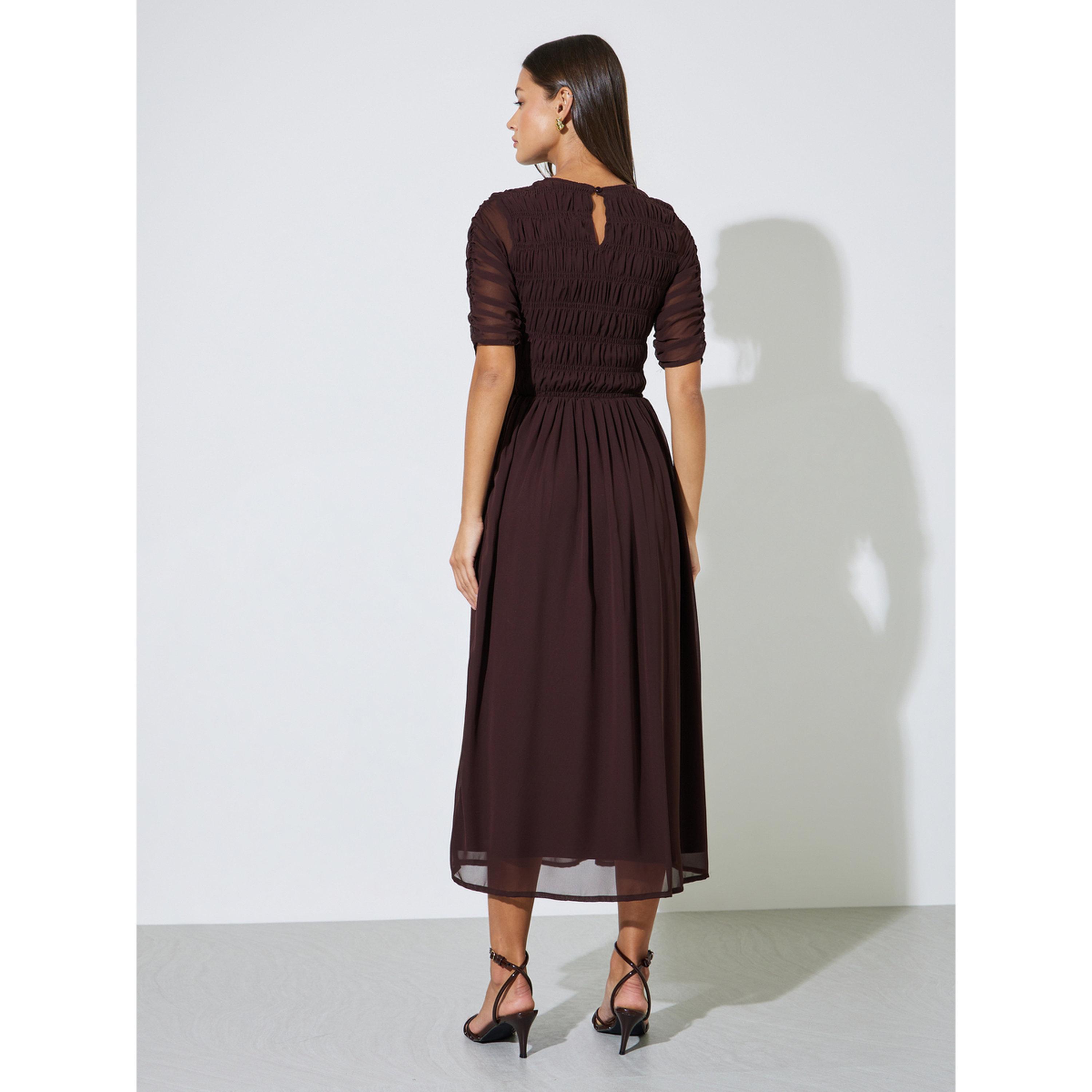 Styli Brown Solid Smoked Details A-Line Maxi Dress-women-clothing-dresses-image-4