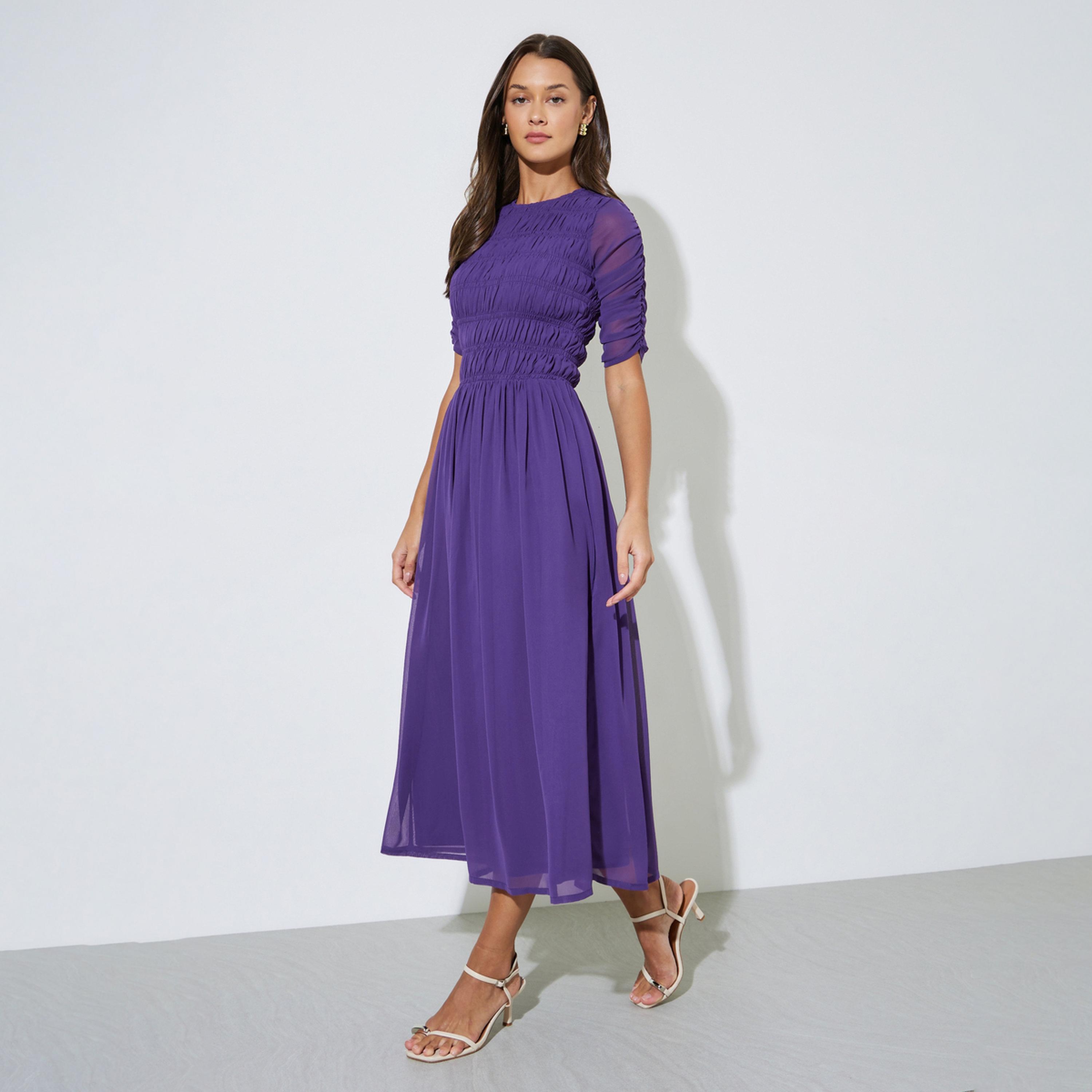 Styli Purple Solid Smoked Details A-Line Maxi Dress-women-clothing-dresses-image-1