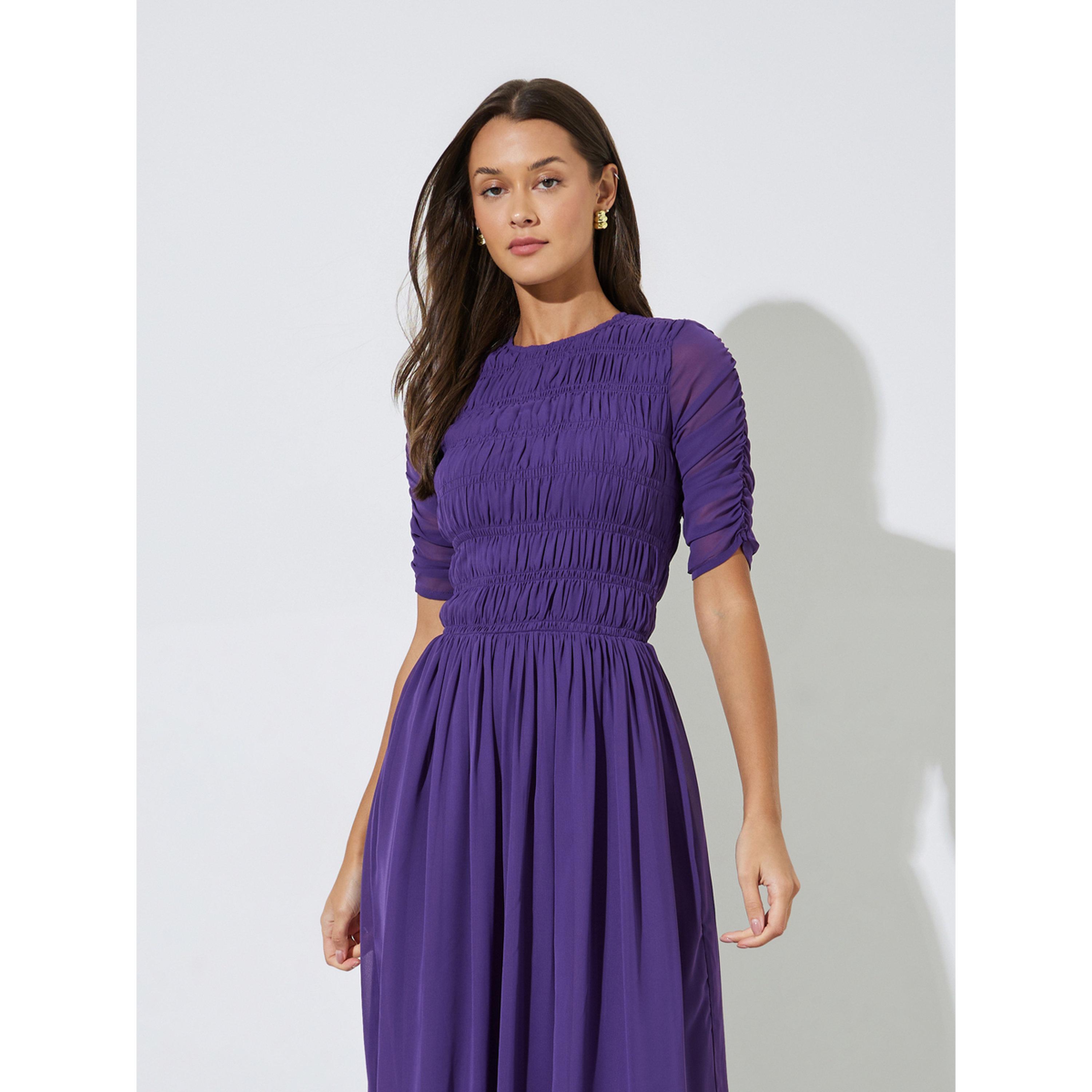 Styli Purple Solid Smoked Details A-Line Maxi Dress-women-clothing-dresses-image-2