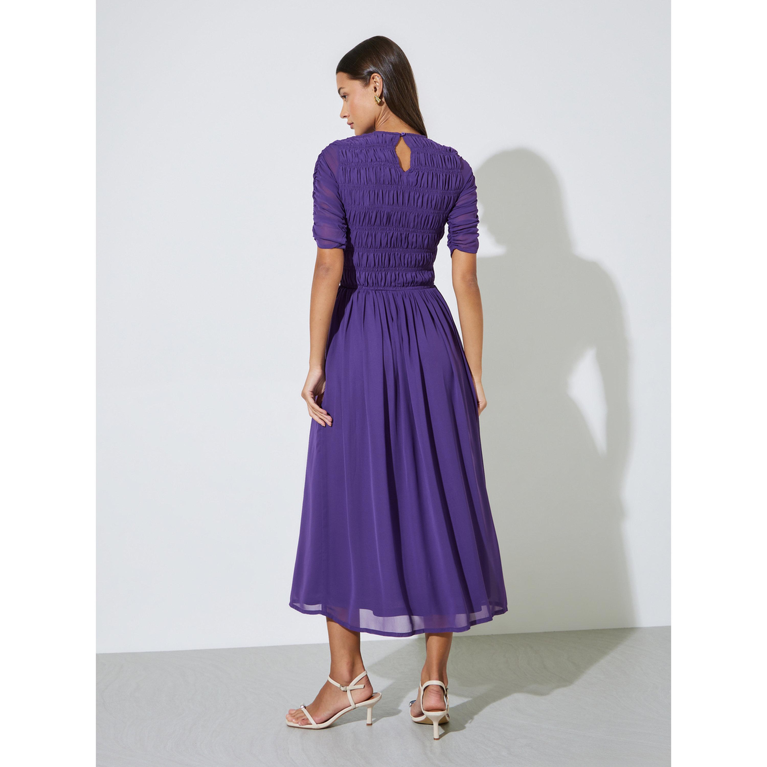 Styli Purple Solid Smoked Details A-Line Maxi Dress-women-clothing-dresses-image-3