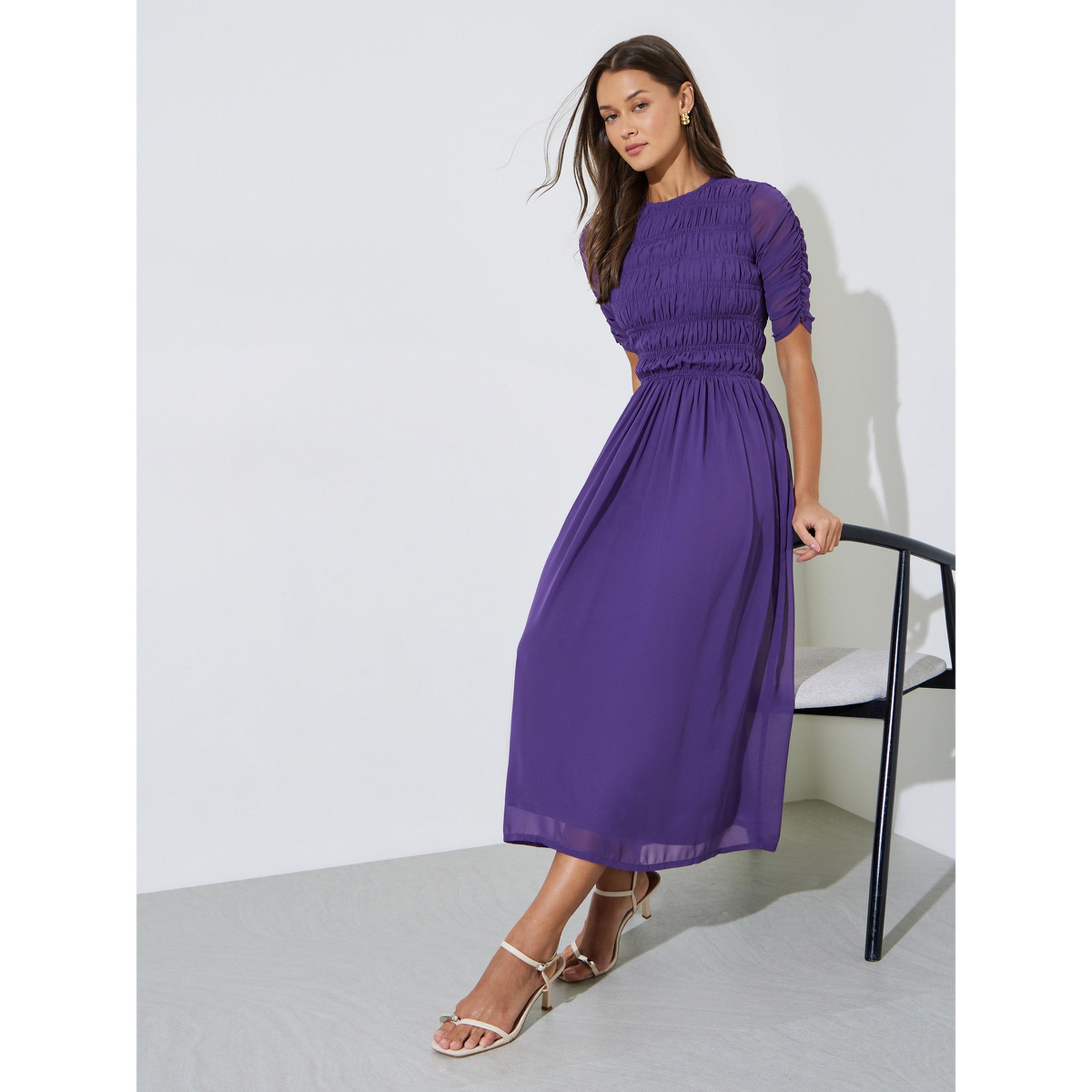 Styli Purple Solid Smoked Details A-Line Maxi Dress-women-clothing-dresses-image-4