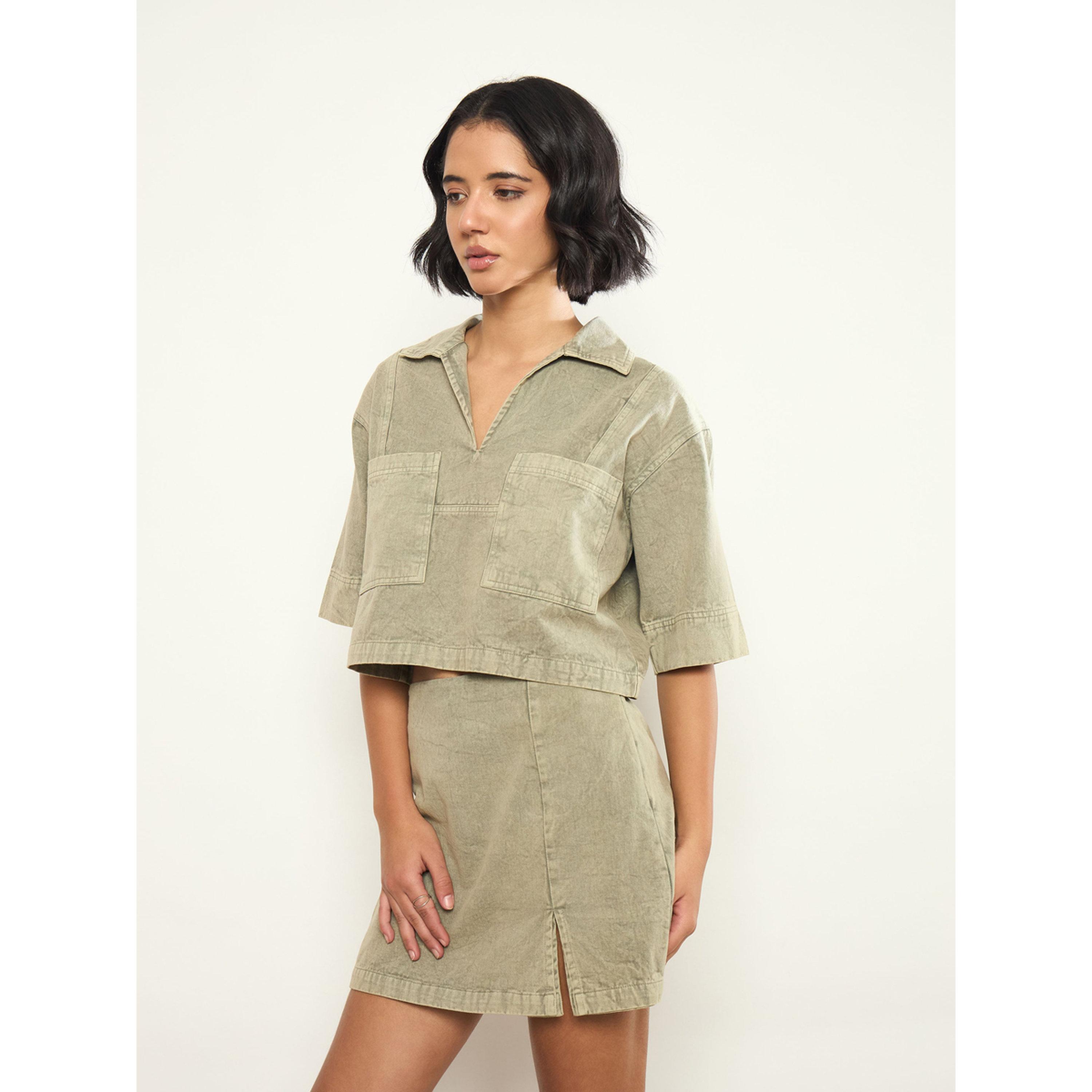 طقم منسق من تنورة شورت وبلوزة قصيرة بجيوب رقعة مصبوغ-women-clothing-coordsets-image-4
