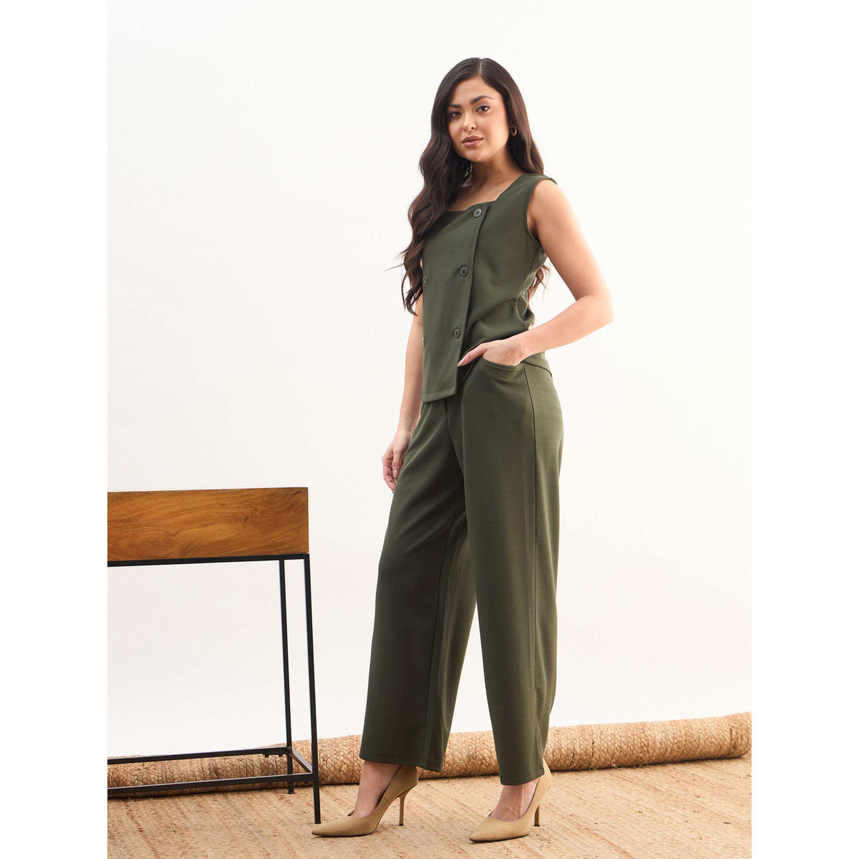 SASSAFRAS worklyf Olive Sleeveless Button Top and Straight Trousers Co-ord Set-women-clothing-coordsets-image-3