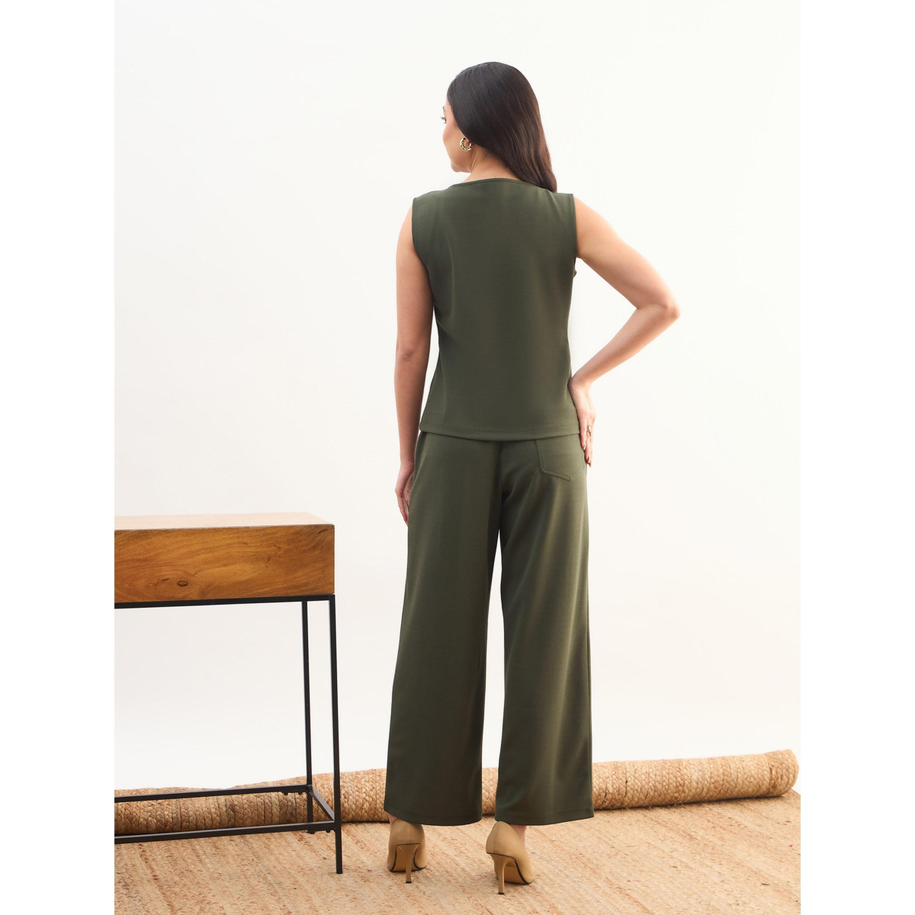 SASSAFRAS worklyf Olive Sleeveless Button Top and Straight Trousers Co-ord Set-women-clothing-coordsets-image-5