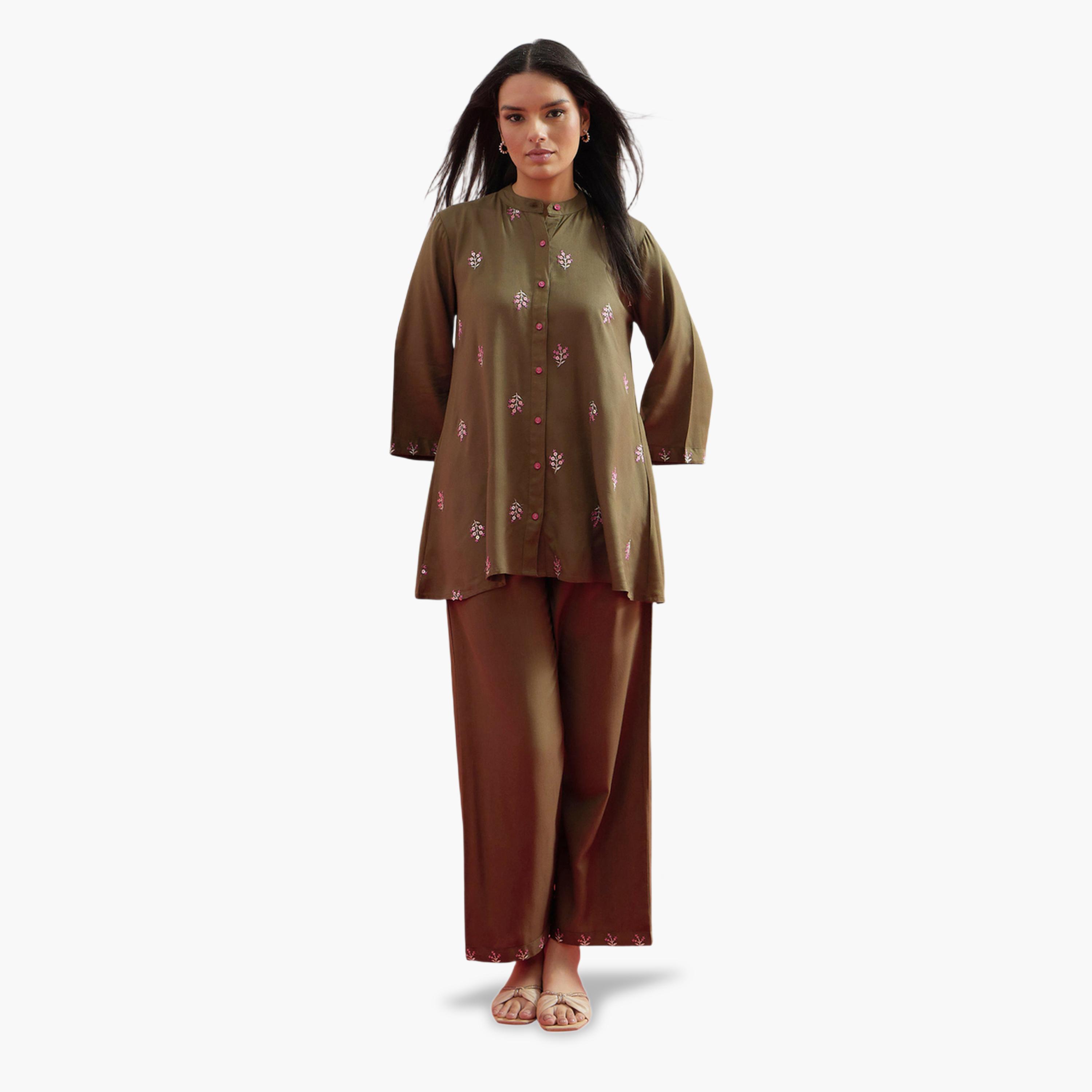 Shae by SASSAFRAS X Styli Olive Floral Embroidered Shirt and Palazzos Set-women-clothing-coordsets-image-1
