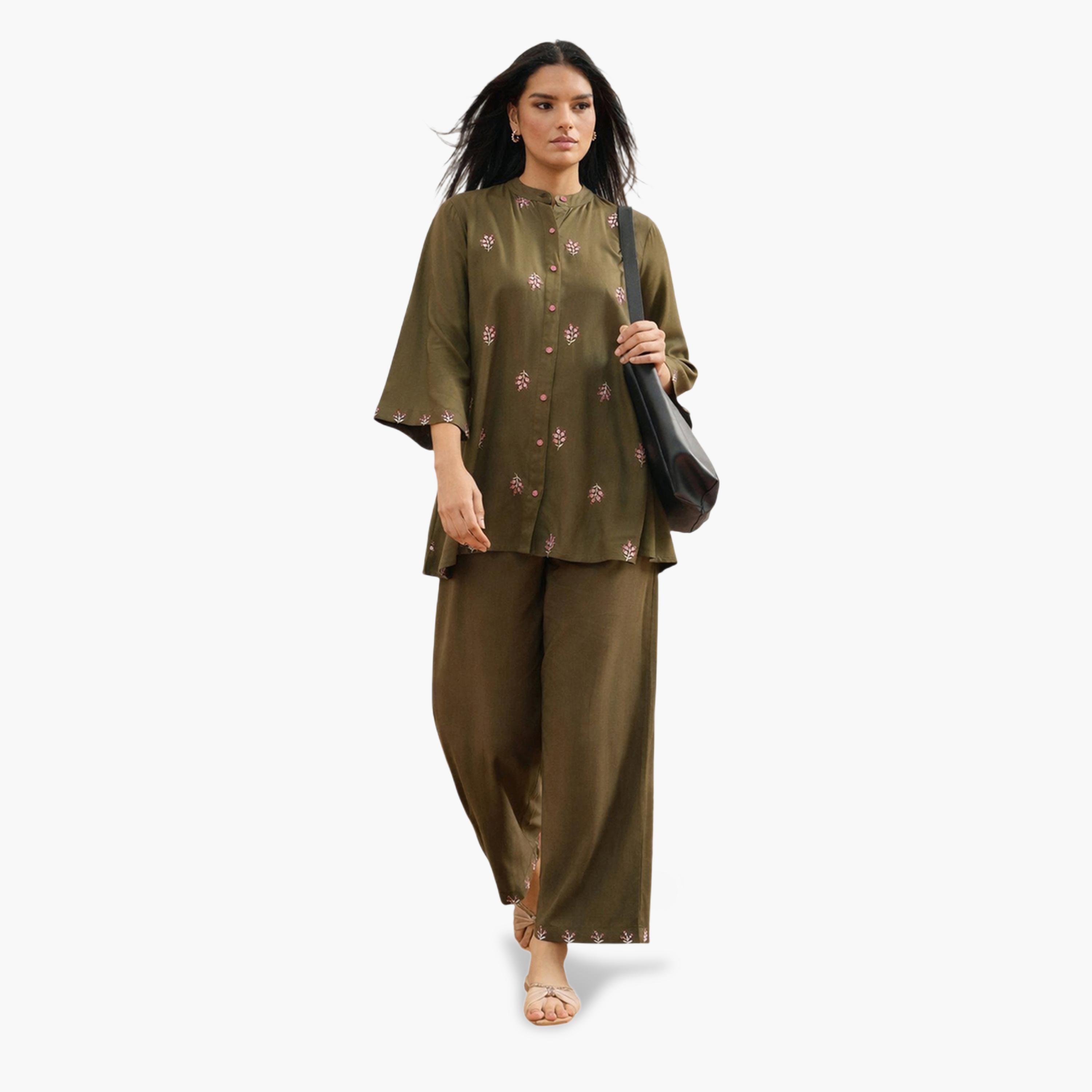 Shae by SASSAFRAS X Styli Olive Floral Embroidered Shirt and Palazzos Set-women-clothing-coordsets-image-2