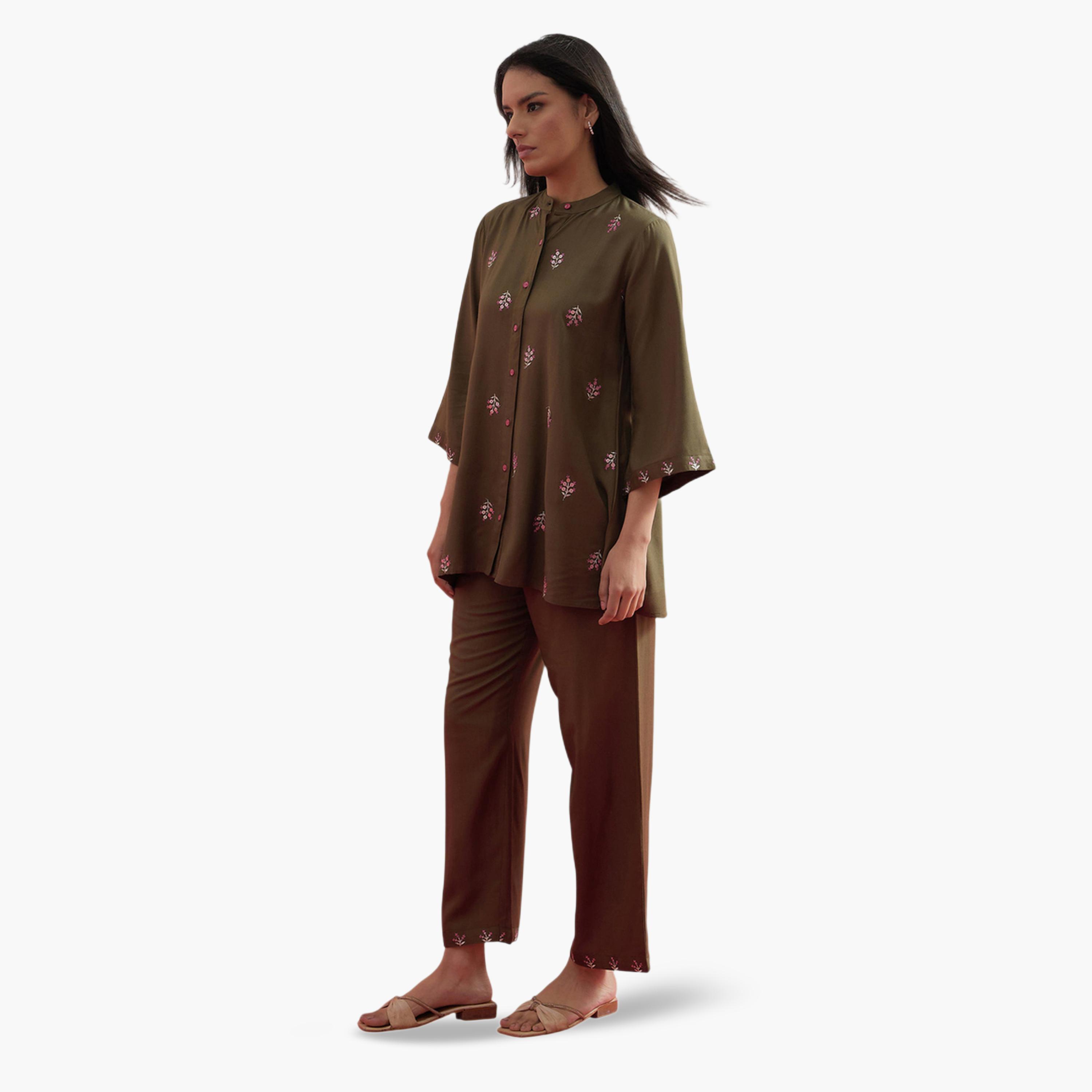 Shae by SASSAFRAS X Styli Olive Floral Embroidered Shirt and Palazzos Set-women-clothing-coordsets-image-3