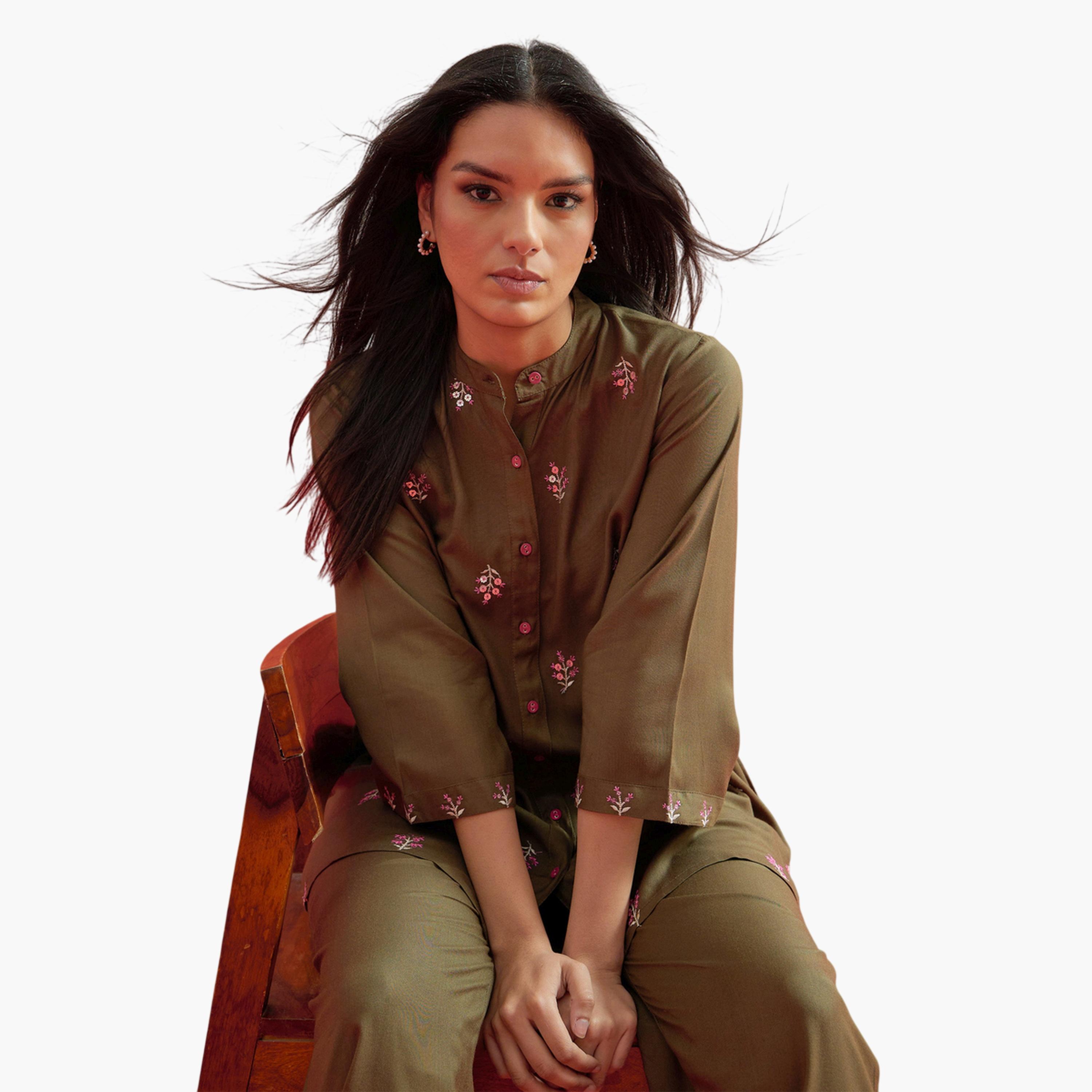 Shae by SASSAFRAS X Styli Olive Floral Embroidered Shirt and Palazzos Set-women-clothing-coordsets-image-4
