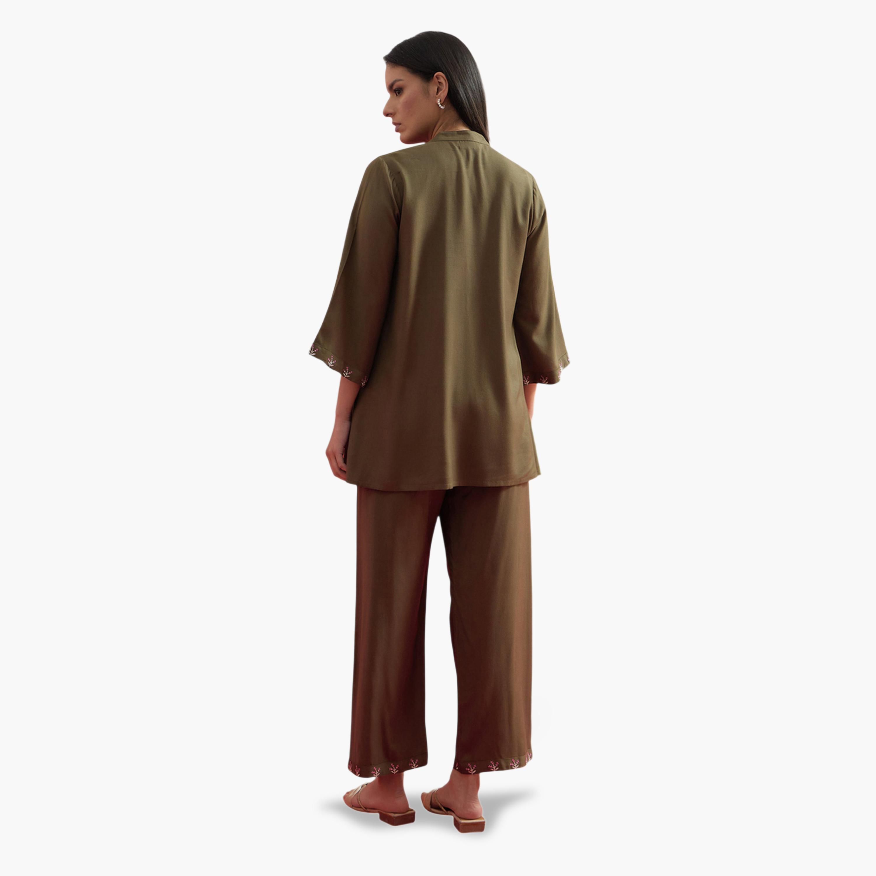 Shae by SASSAFRAS X Styli Olive Floral Embroidered Shirt and Palazzos Set-women-clothing-coordsets-image-5