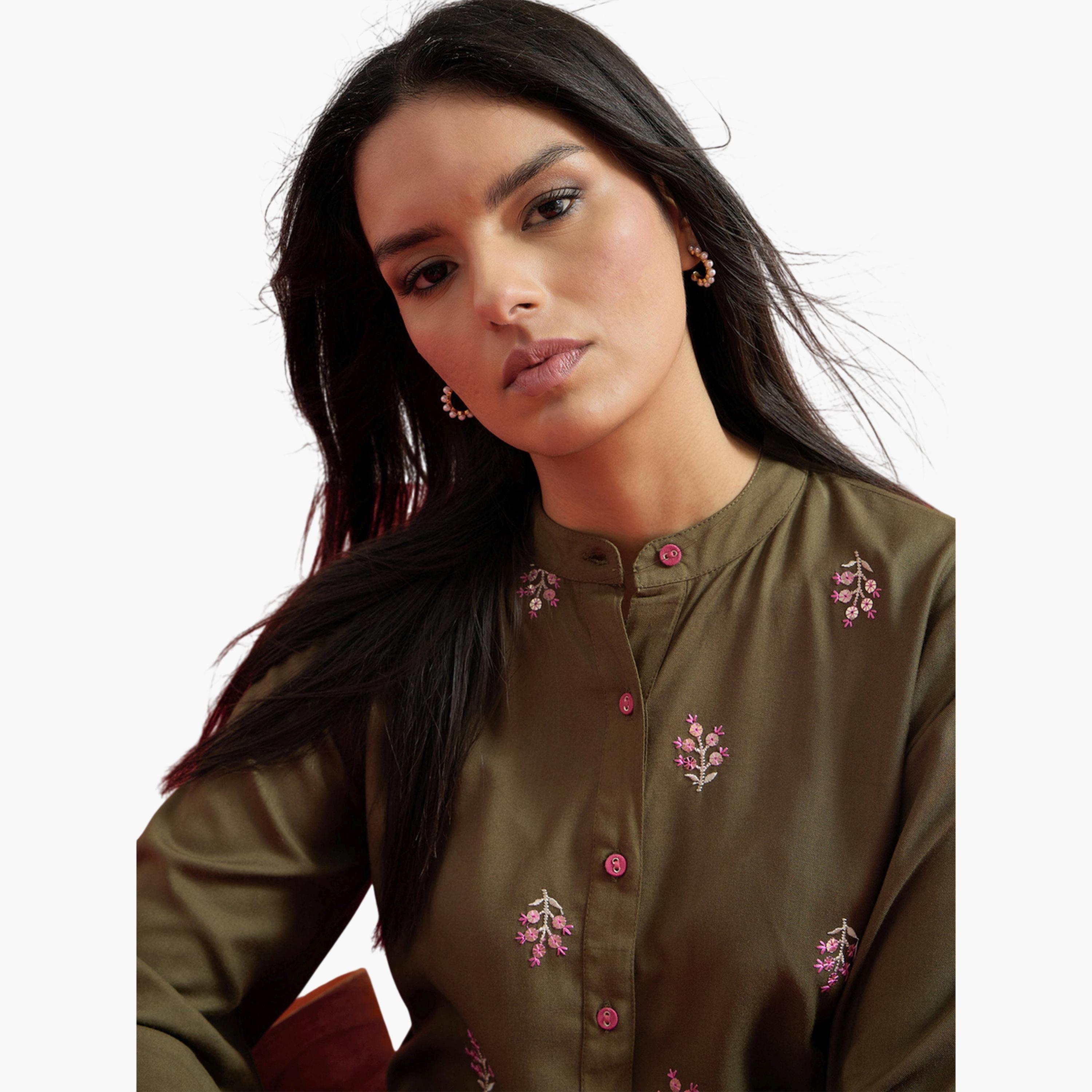 Shae by SASSAFRAS X Styli Olive Floral Embroidered Shirt and Palazzos Set-women-clothing-coordsets-image-6