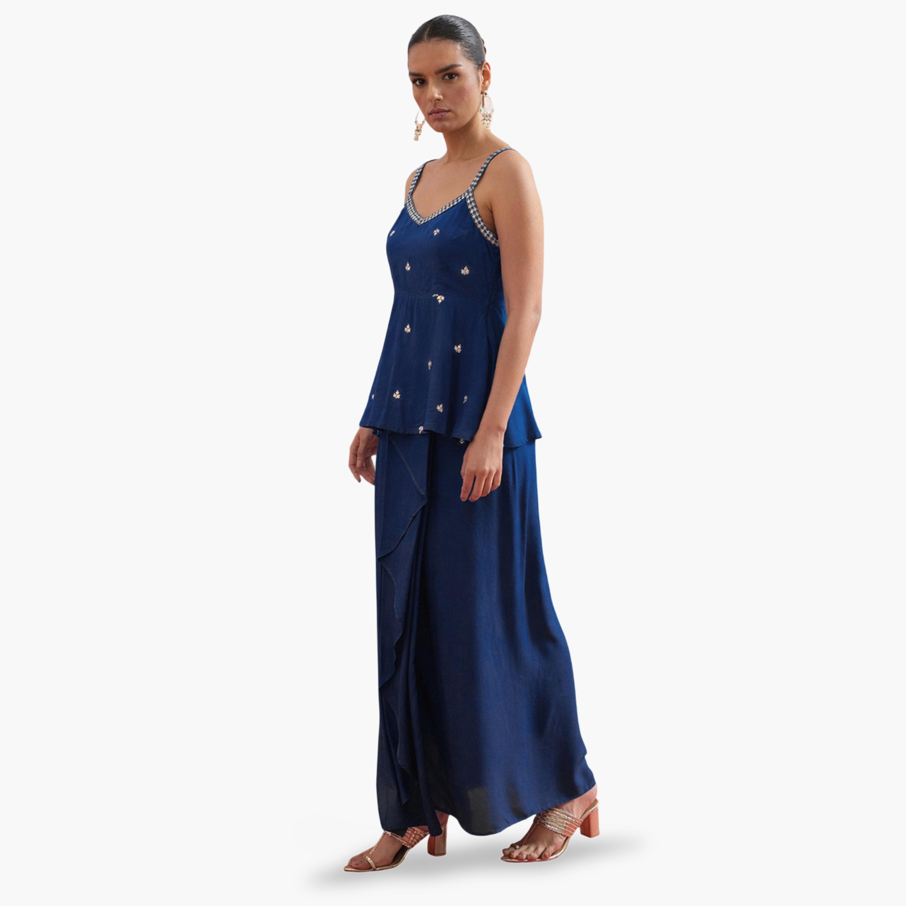 Shae by SASSAFRAS X Styli Navy Blue Peplum Top and Skirt Set-women-clothing-coordsets-image-1