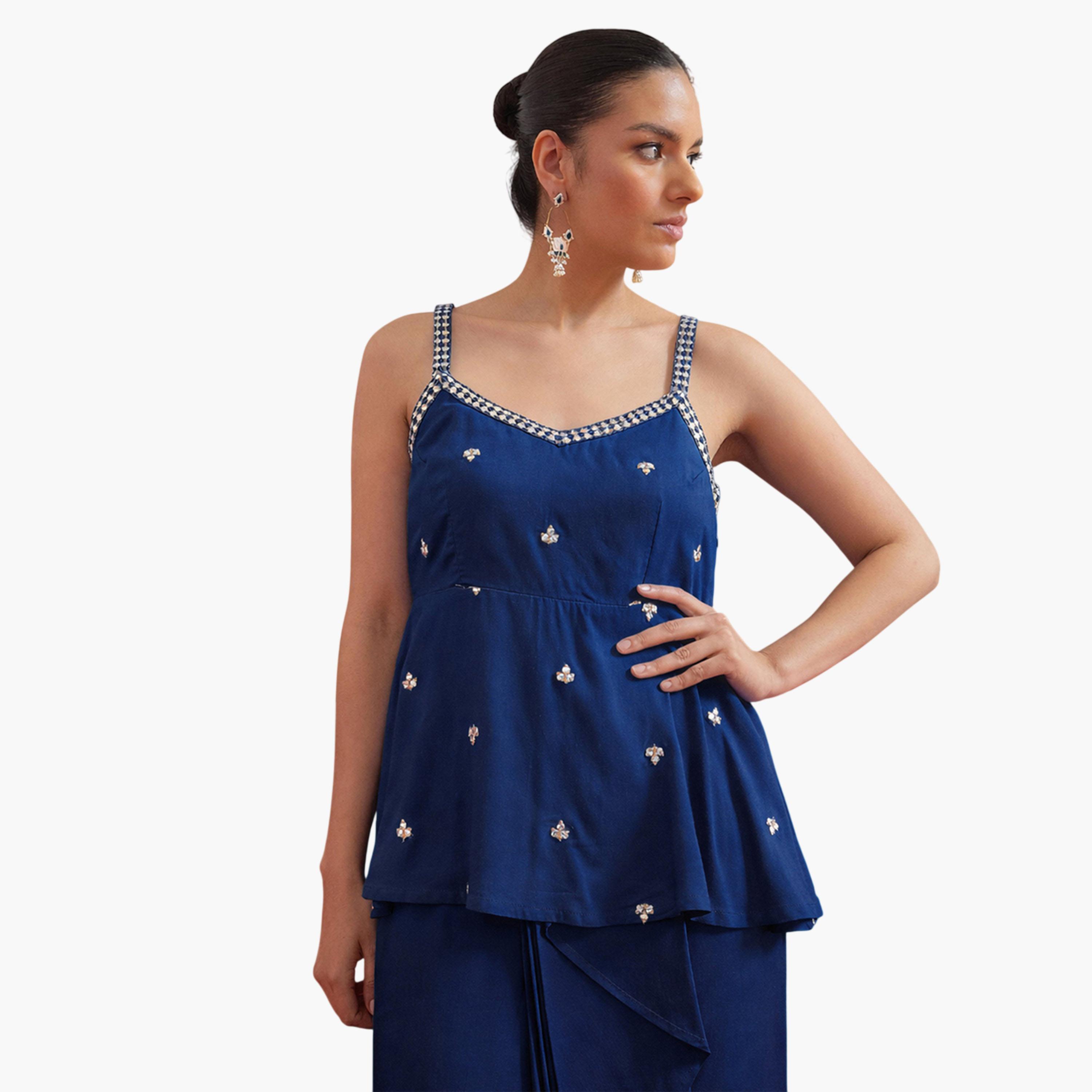 Shae by SASSAFRAS X Styli Navy Blue Peplum Top and Skirt Set-women-clothing-coordsets-image-2