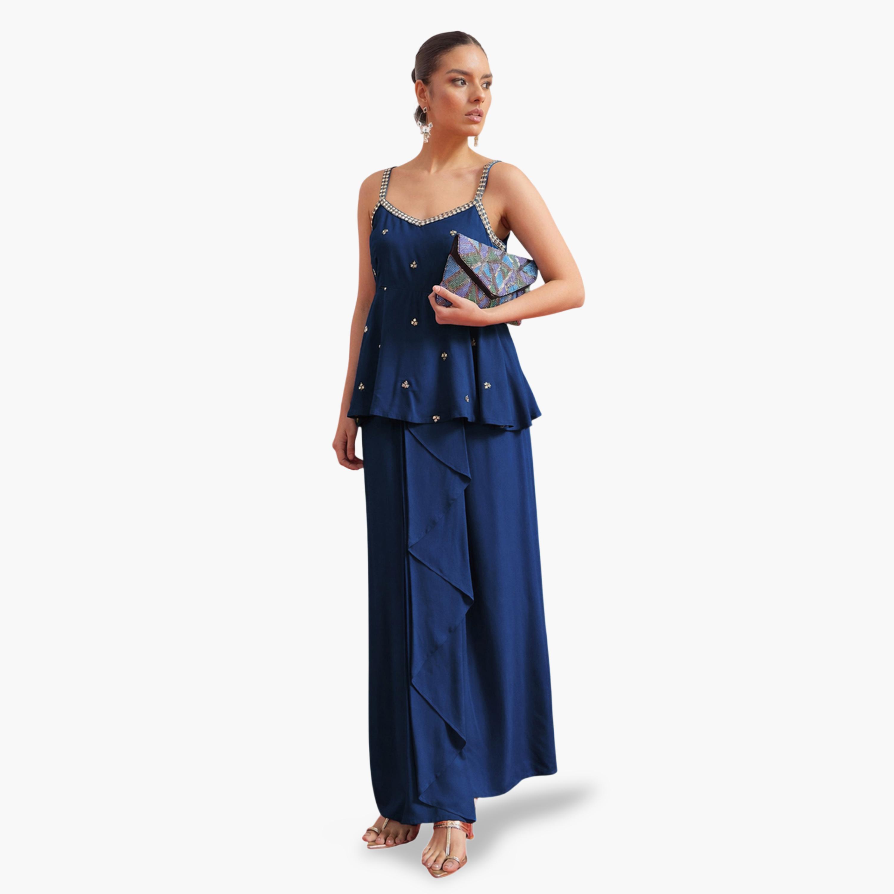 Shae by SASSAFRAS X Styli Navy Blue Peplum Top and Skirt Set-women-clothing-coordsets-image-4