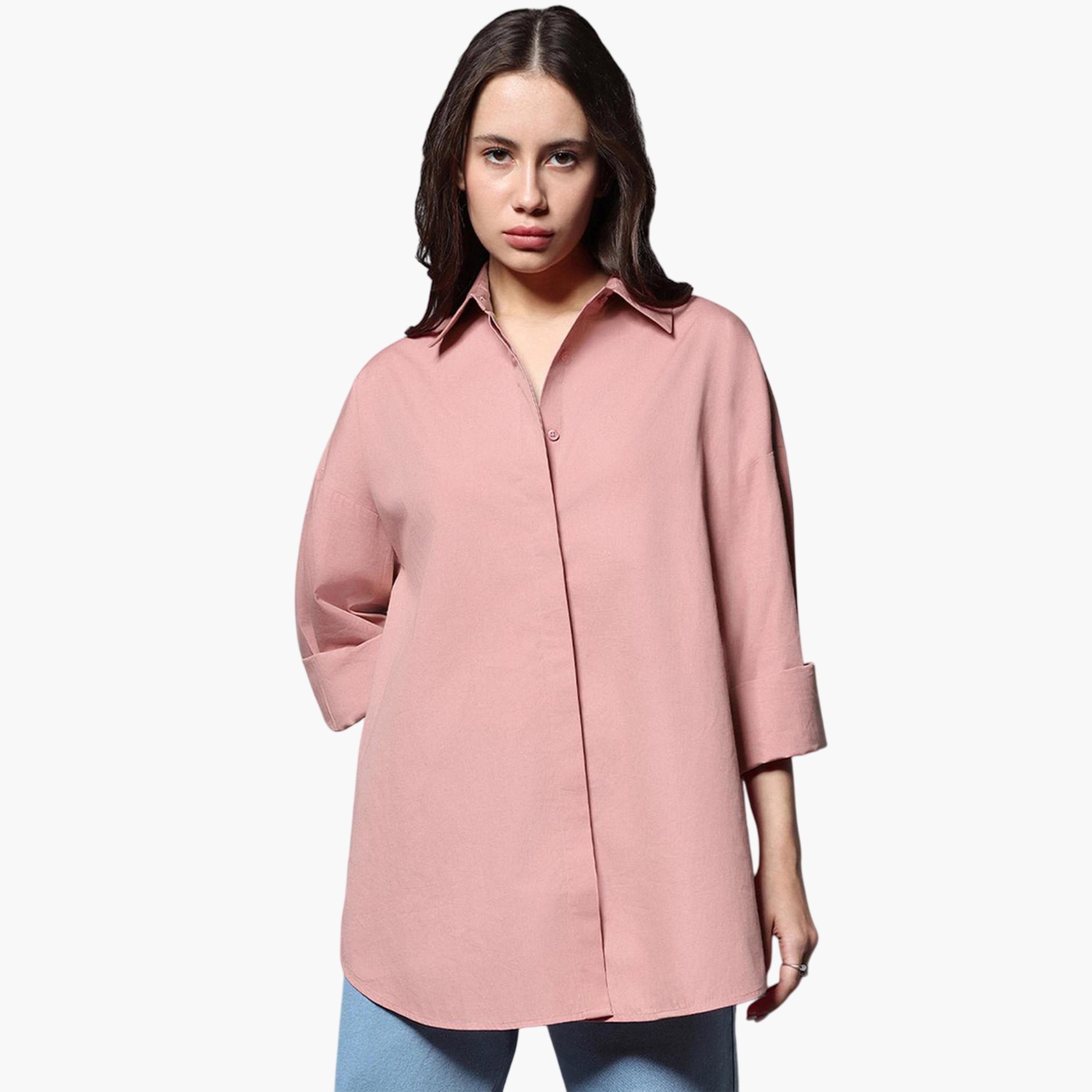 High Star X Styli Pink Oversized Solid Button Shirt-women-clothing-shirtsandblouses-shirts-image-1