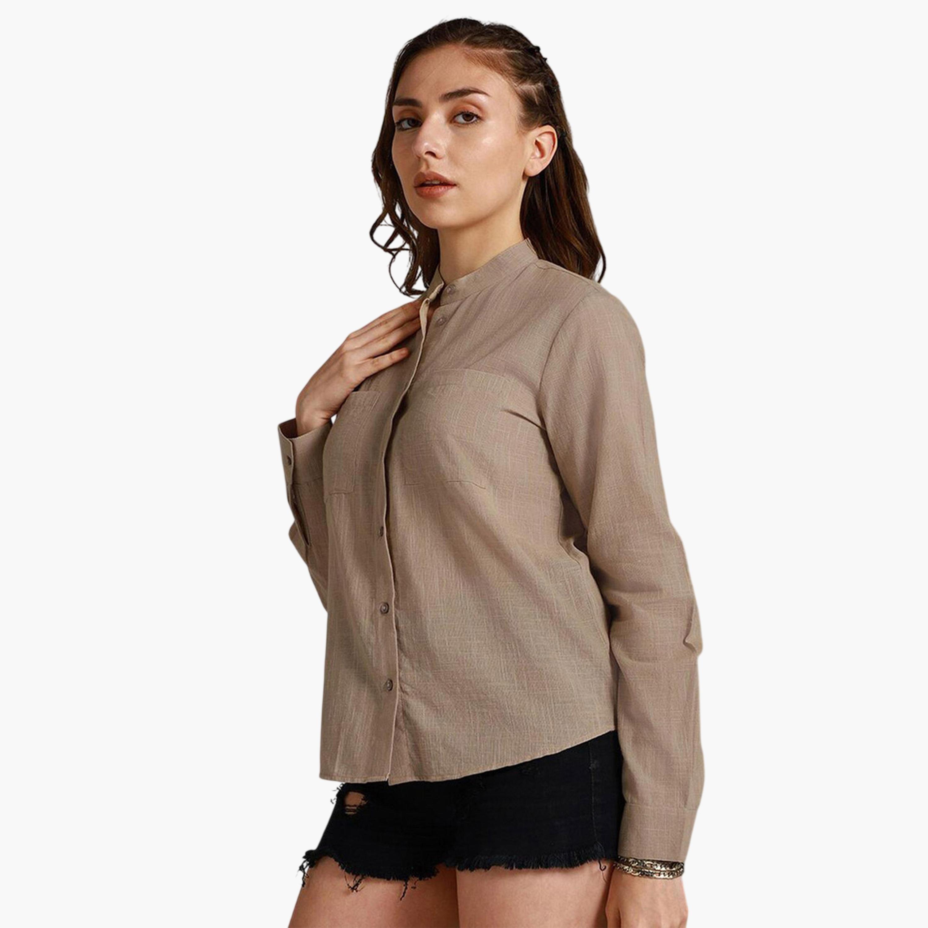 High Star X Styli Beige Regular Fit Solid Shirt Collar-women-clothing-shirtsandblouses-shirts-image-1
